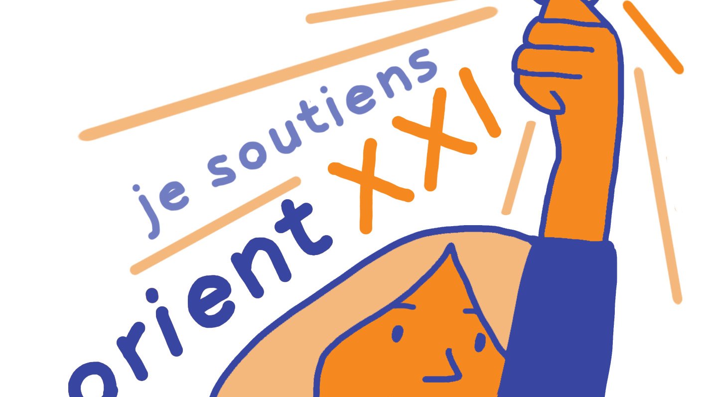 L'image présente un dessin stylisé d'une personne qui lève la main avec un symbole monétaire, symbolisant le soutien. Le texte inclut les phrases « je soutiens » et « orient XXI », suggérant une initiative ou un projet en lien avec cette organisation. Les couleurs utilisées sont principalement orange et bleu, ce qui donne une impression dynamique et engageante.