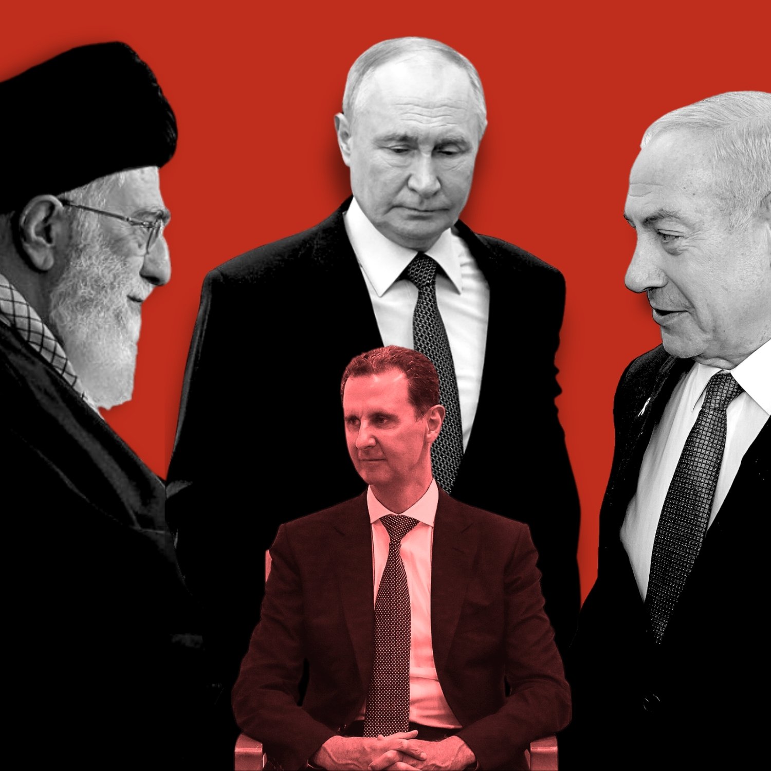 L'image représente plusieurs figures politiques importantes. On y voit des portraits de leaders tels que le leader suprême iranien, le président russe, le Premier ministre israélien, et le président syrien, regroupés sur un fond rouge. Les différents membres semblent être engagés dans une sorte d'interaction ou de réflexion, mettant en avant des relations géopolitiques complexes. L'atmosphère de l'image évoque des thèmes de pouvoir et de diplomatie dans un contexte de tensions internationales.
