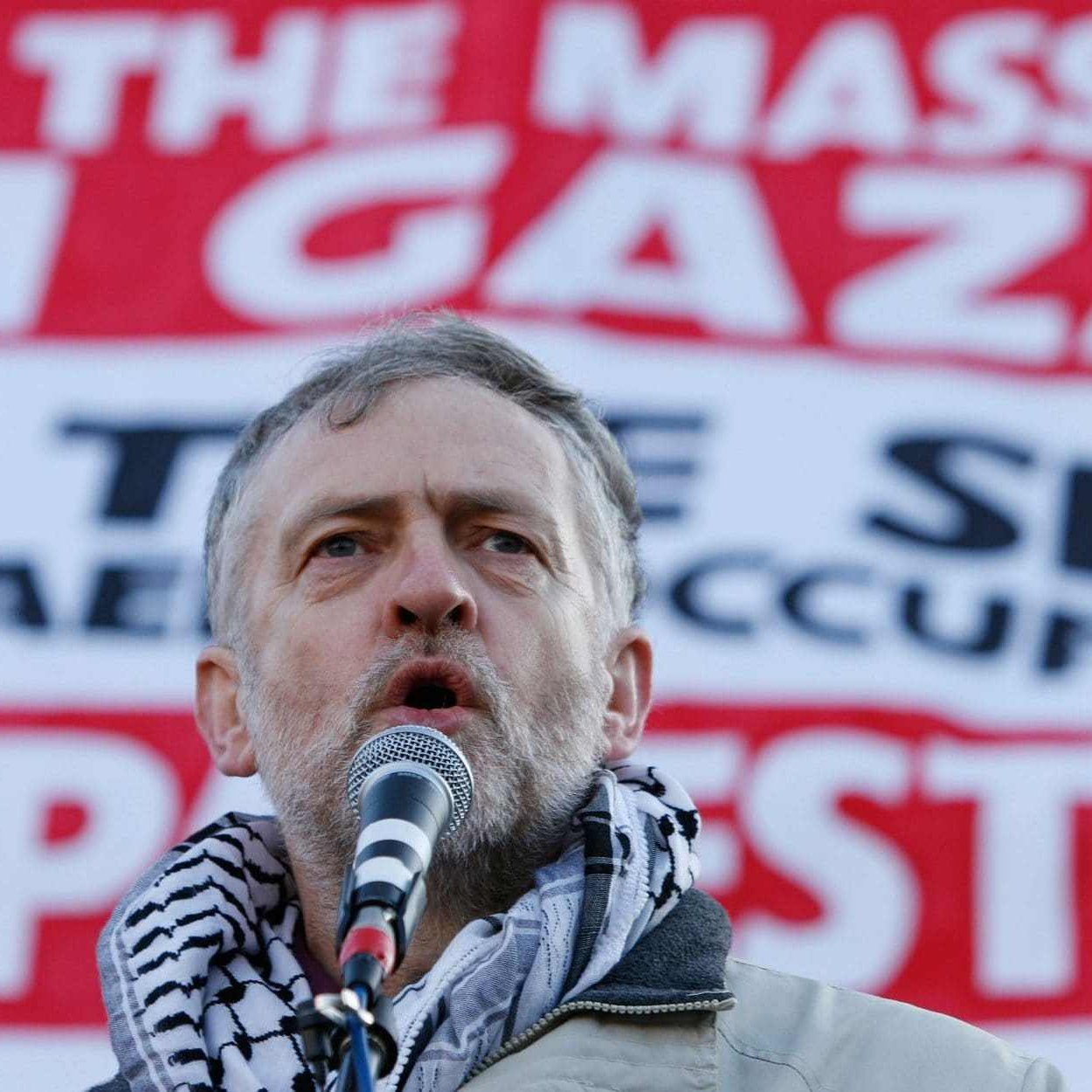 تصویر مردی را نشان می‌دهد که در حال سخنرانی است. او در مقابل یک بنر بزرگ با نوشته‌های واضح و بزرگ قرار دارد که بر موضوعاتی همچون جلوگیری از کشتار در غزه و حمایت از مردم فلسطین تأکید دارد. مرد عبا یا شال سنتی عربی را به دور گردن دارد و به نظر می‌رسد به شدت به موضوعی که درباره آن صحبت می‌کند، متعهد است. فضای تصویر، حالت اعتراضی و حماسی دارد.