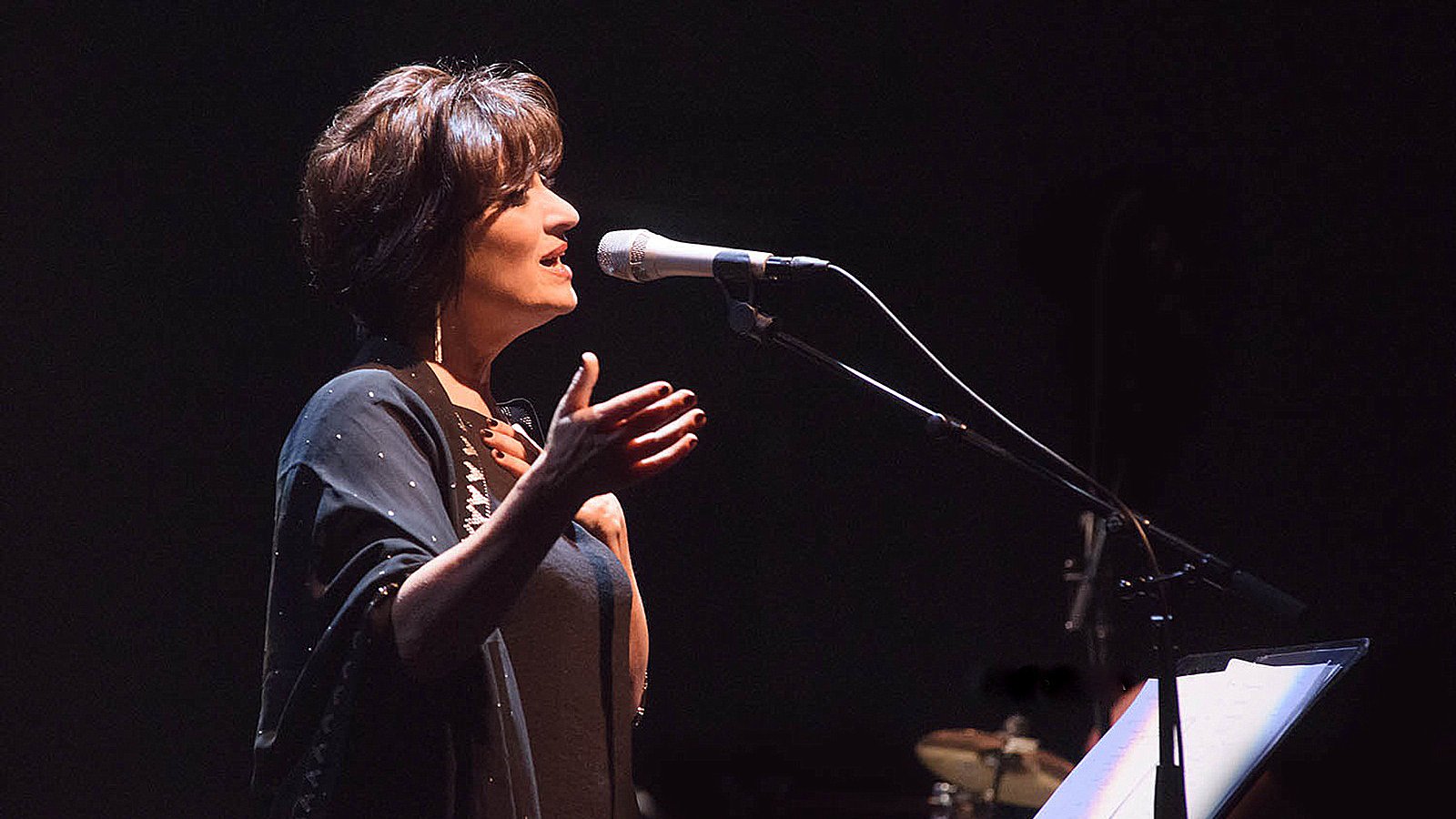 الصورة تظهر سيدة واقفة أمام ميكروفون، وهي تؤدي أغنية أو تتحدث على المسرح. تبدو مرتدية ملابس أنيقة وتعبّر عن مشاعرها من خلال حركات يديها. الإضاءة خافتة مما يضفي جواً درامياً على المشهد، ويوجد في الخلفية موسيقيون مجهولون. تعكس الصورة لحظة فنية جميلة.