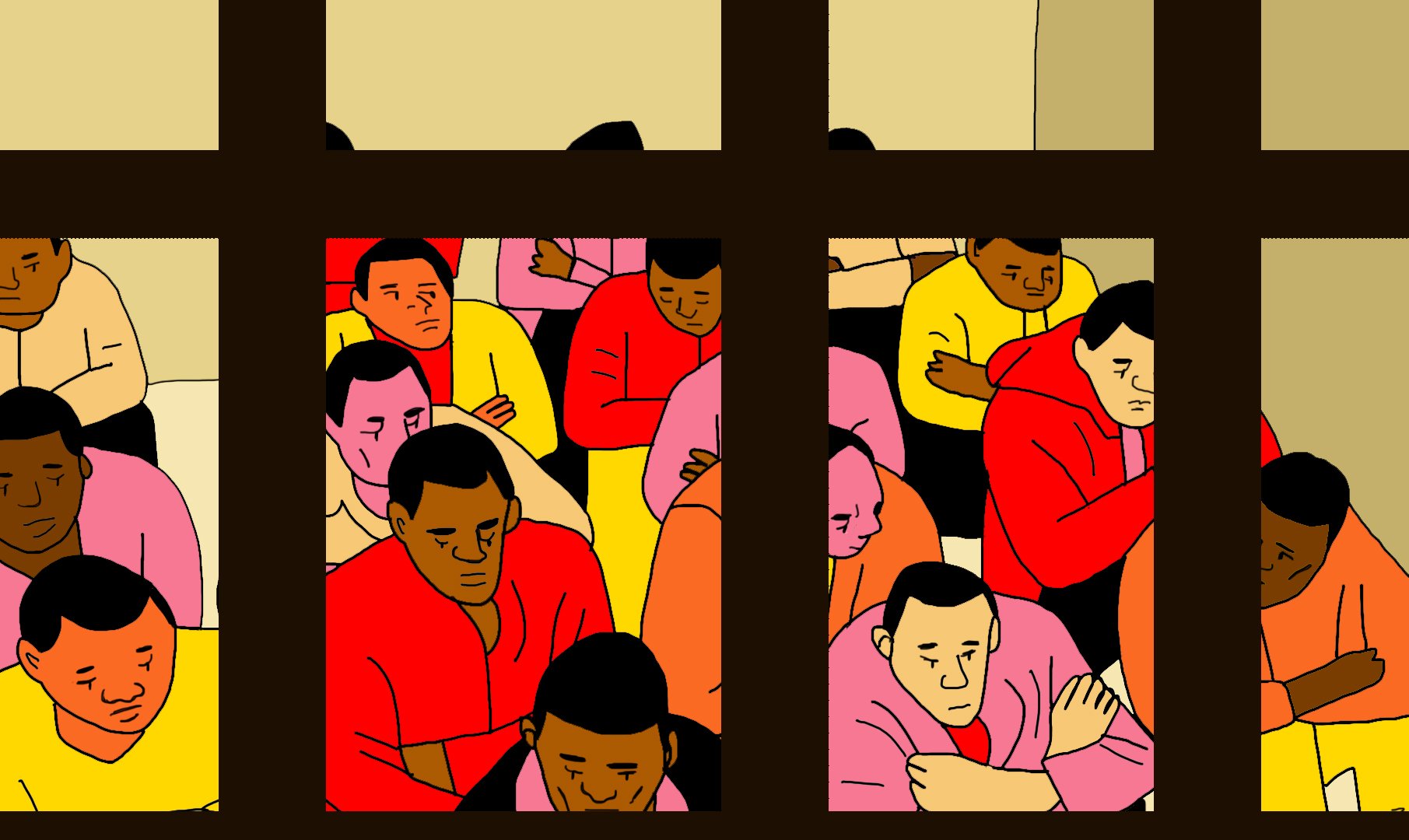 L'image montre un groupe de personnes assises à l'intérieur d'une pièce, vues à travers une fenêtre. Les individus sont vêtus de vêtements de différentes couleurs, principalement du rouge, du jaune et du rose. Ils semblent pensifs et concentrés, certains avec les bras croisés, ce qui transmet une atmosphère de réflexion ou de tension. Les murs derrière eux sont de couleur claire, contrastant avec leurs vêtements colorés. L'ensemble de la composition évoque une certaine mélancolie ou une situation de confinement.