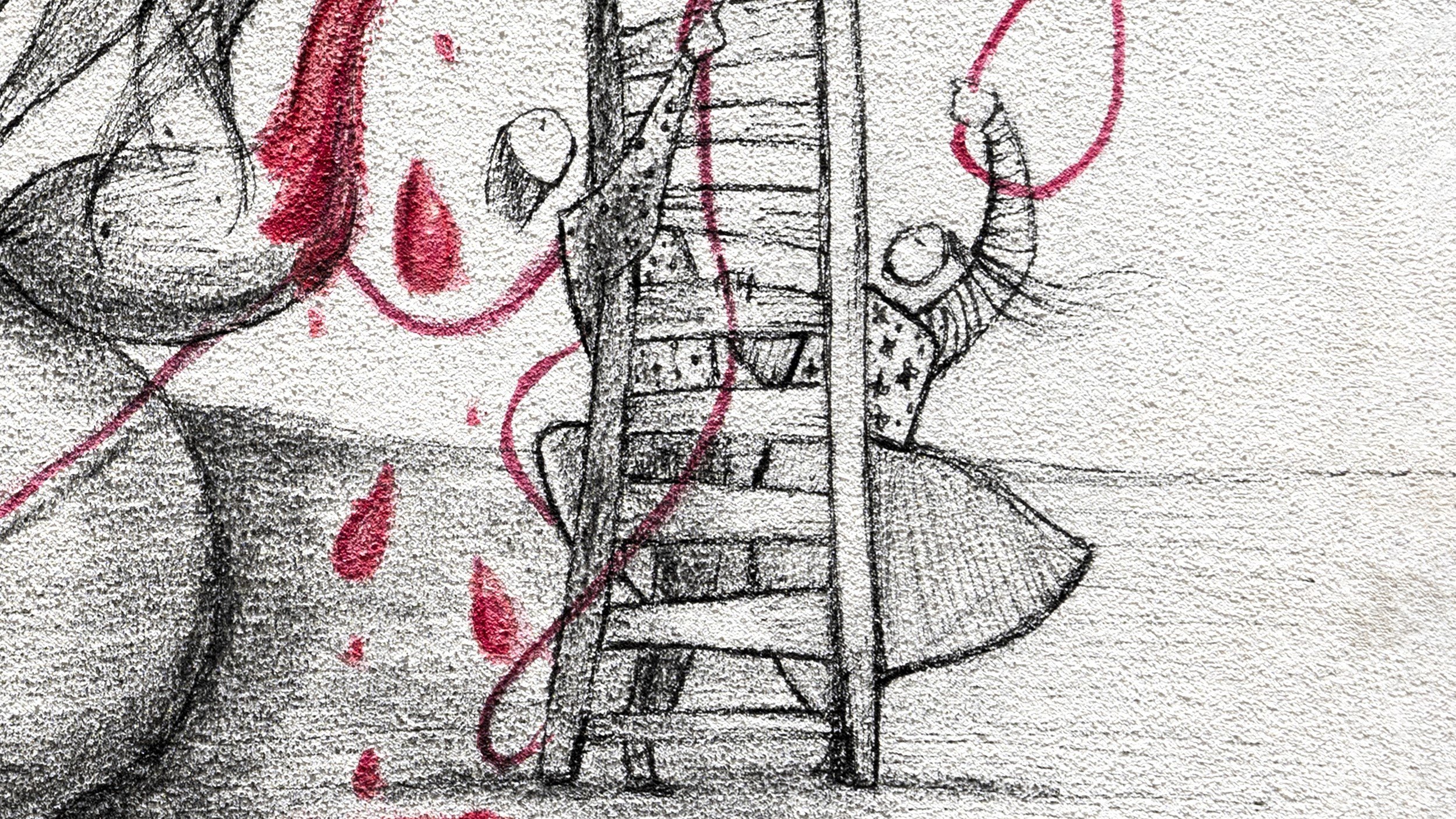 L'immagine presenta un disegno in bianco e nero con accenti di rosso. Al centro c'è una scala, e una figura umana sembra arrampicarsi, scrivendo o dipingendo con un oggetto rosso che macchia il fondo. Le macchie di rosso ricordano delle gocce di sangue, aggiungendo un elemento di intensità e drammaticità alla scena. La figura indossa un abbigliamento semplice e appare concentrata nel suo compito. Lo sfondo è minimalista, mettendo in risalto l'azione e l'emozione del momento.