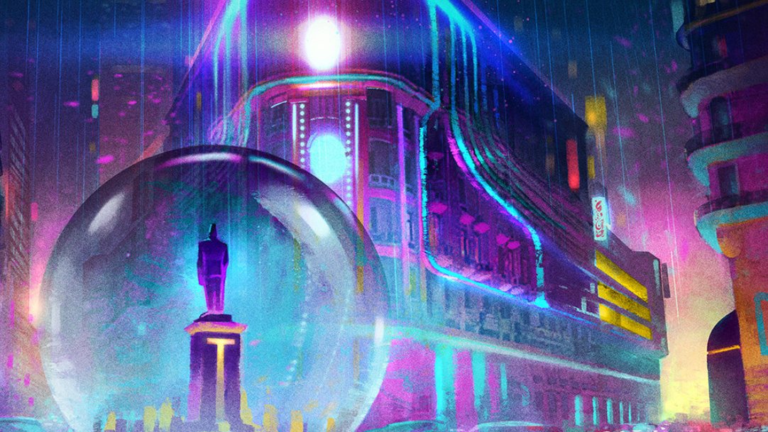 L'image montre une scène urbaine futuriste et nocturne, où un bâtiment imposant est illuminé par des lumières vives et colorées. Au premier plan, une boule de verre renferme une statue, créant une atmosphère mystérieuse et fantastique. Des éclaboussures de pluie et un éclairage néon ajoutent une ambiance dynamique à l'ensemble, évoquant une ville vibrante, pleine de vie et de technologie.