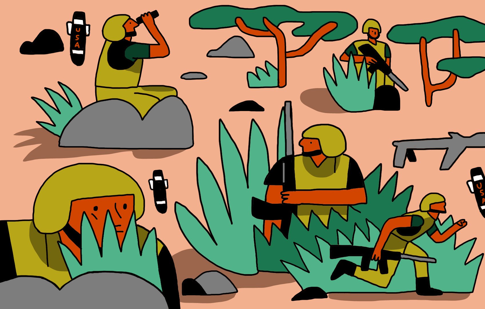 L'image représente des soldats dans un environnement de jungle ou de savane. On peut voir plusieurs soldats, certains utilisant des jumelles, d'autres armés, infiltrés parmi les rochers et la végétation, qui est stylisée avec des formes simplifiées. L'arrière-plan présente des arbres caractéristiques, et des icônes évoquant des munitions ou des objets militaires avec le label "USA". L'ensemble dégage un air dynamique avec une palette de couleurs vives.