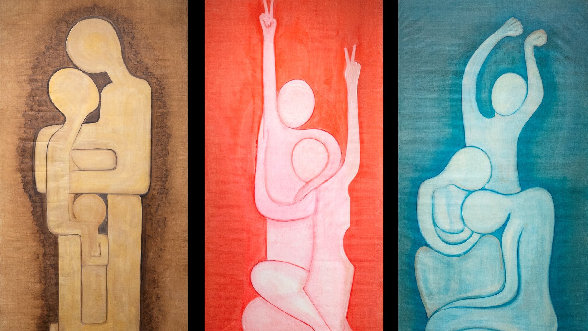Trois panneaux abstraits représentant des silhouettes humaines en gestes d'affection et de joie.