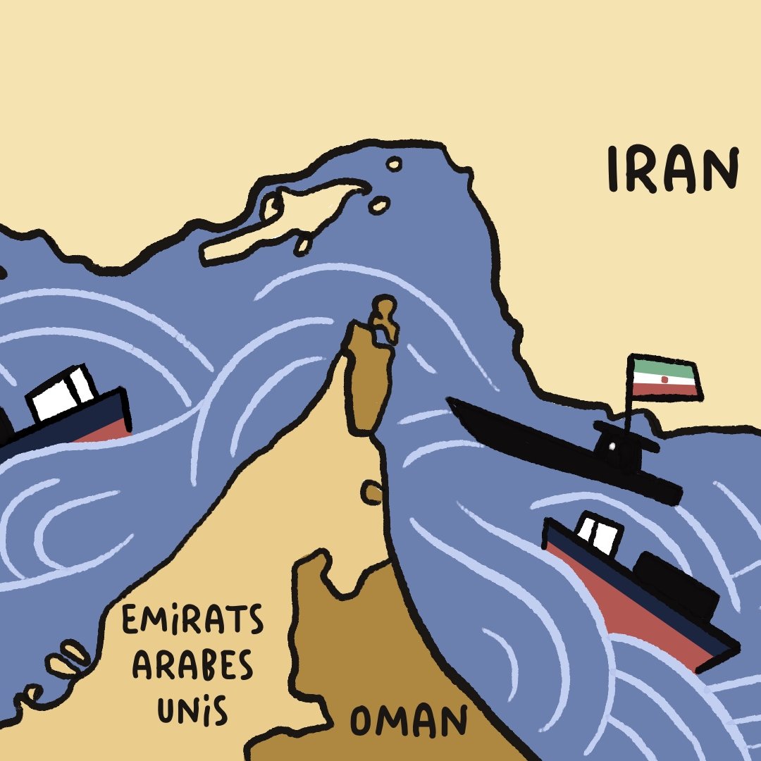 A cartoon map showing boats in rough waters near Iran, with labels for the UAE and Oman.