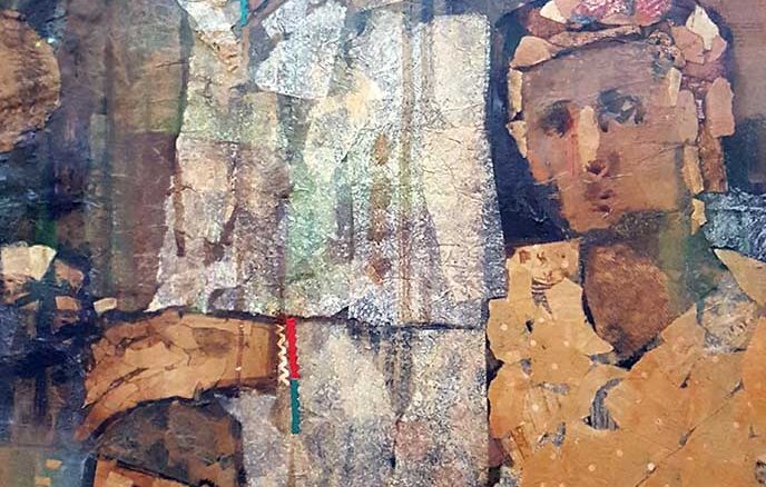 L'image présente un tableau abstrait constitué de différentes figures humaines, rendues avec des formes géométriques et des couleurs terreuses. Les visages semblent partiellement cachés ou fragmentés, créant une atmosphère mystérieuse. Les personnages portent des vêtements traditionnels, ce qui suggère une connexion à une culture spécifique. L'utilisation de textures et de superpositions donne une dimension tactile à l'œuvre, tandis que la palette de couleurs naturelles évoque une ambiance chaleureuse et nostalgique.