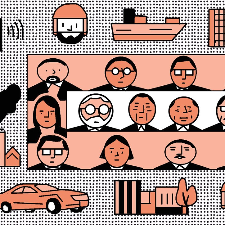 L'image présente un assemblage de silhouettes minimalistes représentant des personnes, disposées autour d'une grande table. On y trouve également des icônes symbolisant des éléments de transport, tels qu'un bateau et un avion, ainsi que des bâtiments et des voitures. La palette de couleurs est principalement composée de nuances de beige et de noir, créant un contraste visuel approprié. Les personnages semblent s'engager dans une discussion ou une réunion, renforçant une atmosphère de collaboration ou de prise de décision.