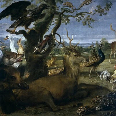 L'immagine rappresenta un ricco paesaggio naturale, pieno di animali in un ambiente sereno e armonioso. In primo piano, un giovane uomo siede tra un gruppo vario di animali, che includono cervi, leoni, gatti e vari uccelli. Sono presenti anche un elefante e un pavone più indietro nella scena. Gli alberi frondosi e una luce morbida creano un'atmosfera di tranquillità. L'interazione tra il giovane e gli animali suggerisce un legame speciale con la natura. Il cielo si illumina con toni caldi, contribuendo alla bellezza del paesaggio.