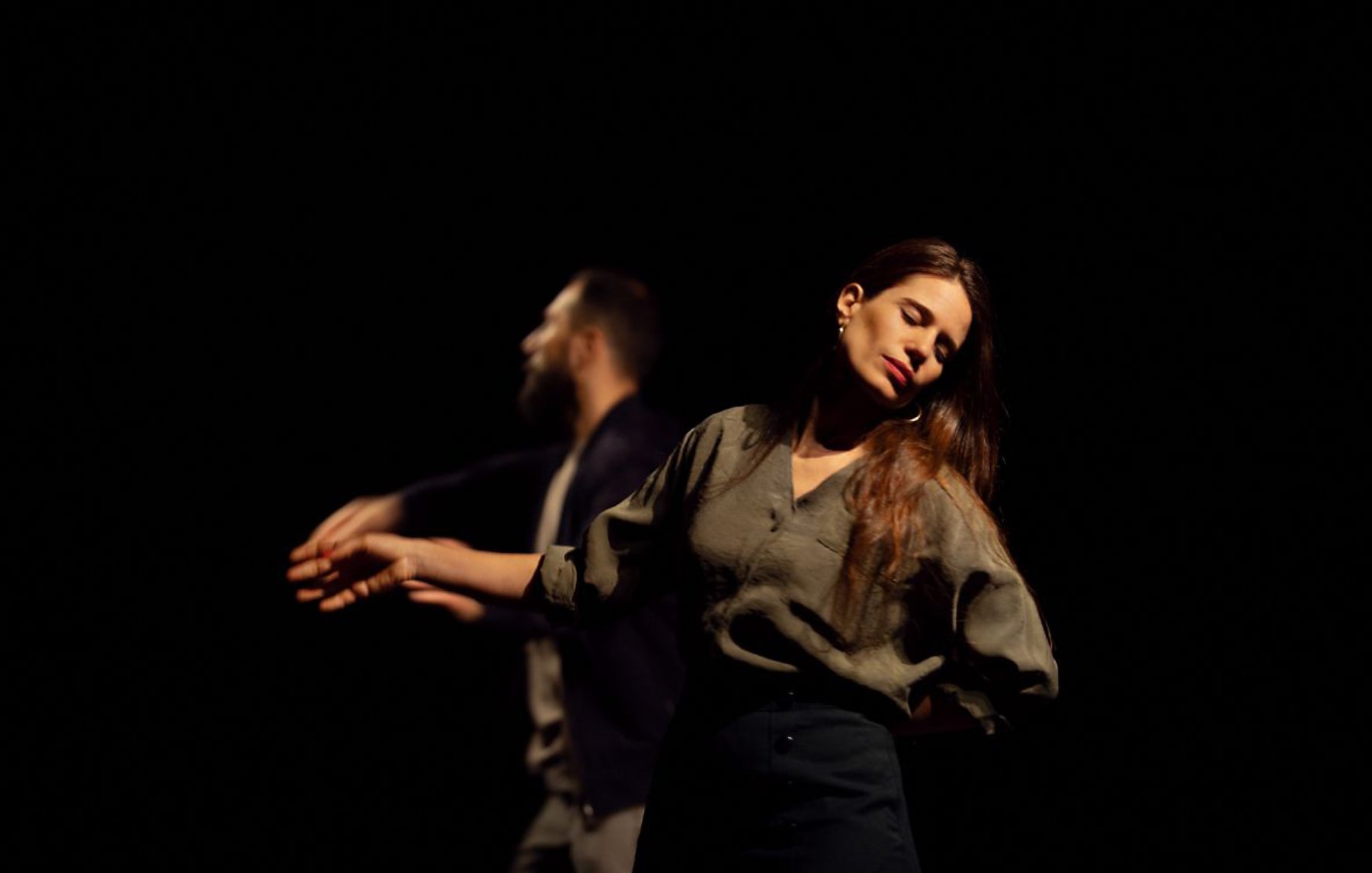 Deux danseurs se déplacent sur scène dans une lumière tamisée. Une femme, les yeux fermés et une expression de sérénité, se tient légèrement en avant, tandis qu'un homme, derrière elle, semble effectuer un mouvement fluide avec ses bras. L'atmosphère est intimiste et expressive.