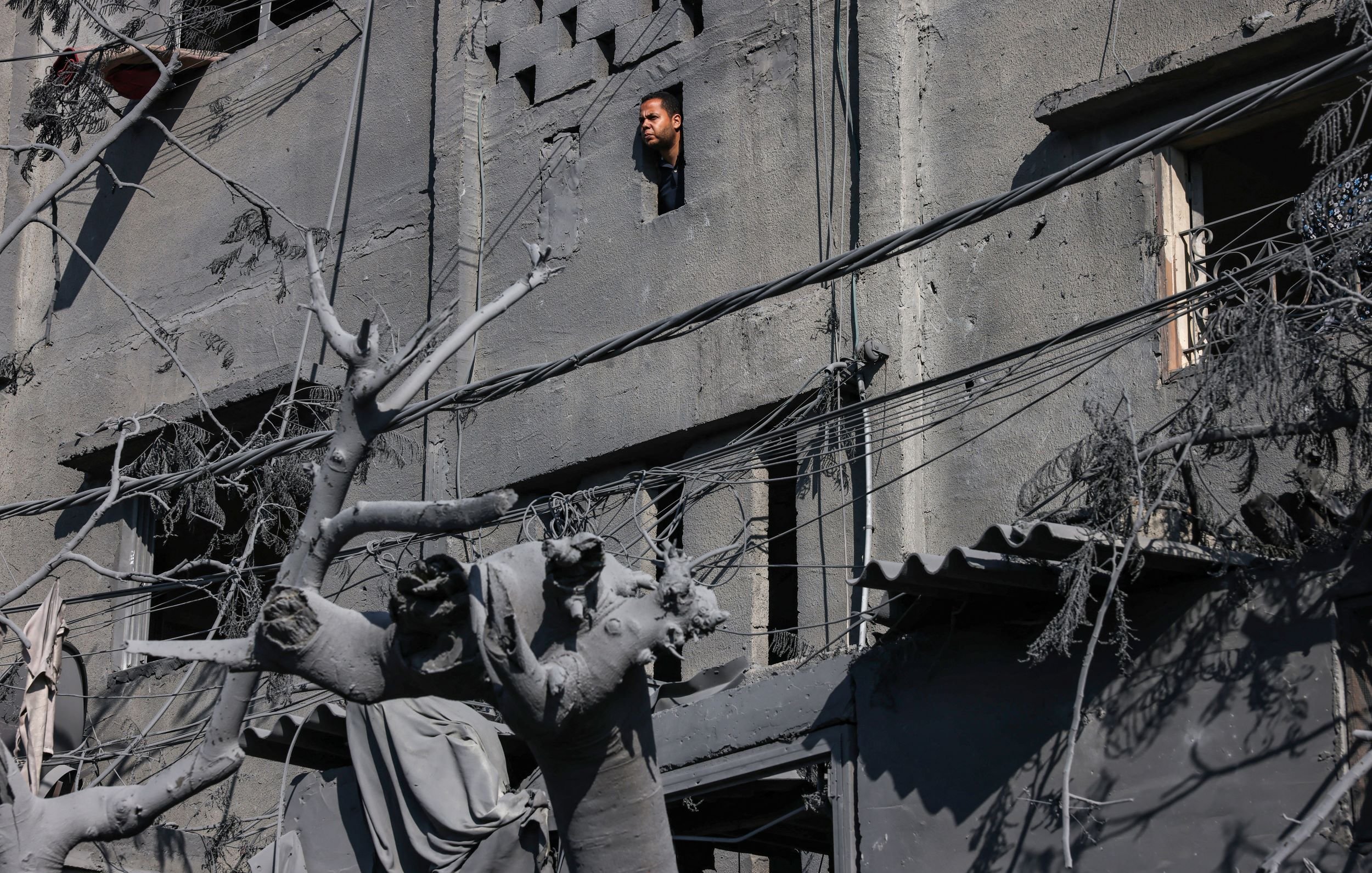 L'immagine mostra un edificio gravemente danneggiato, con i muri di cemento visibilmente rovinati. Da una finestra rotta, si intravede una persona che osserva l'esterno, mentre nel primo piano si trova una statua, anch'essa coperta di polvere e detriti. Le linee elettriche pendono disordinatamente, e l'atmosfera è cupa a causa dei colori grigi e della desolazione del contesto. La scena sembra suggerire un ambiente colpito da un evento catastrofico, con evidenti segni di distruzione e abbandono.