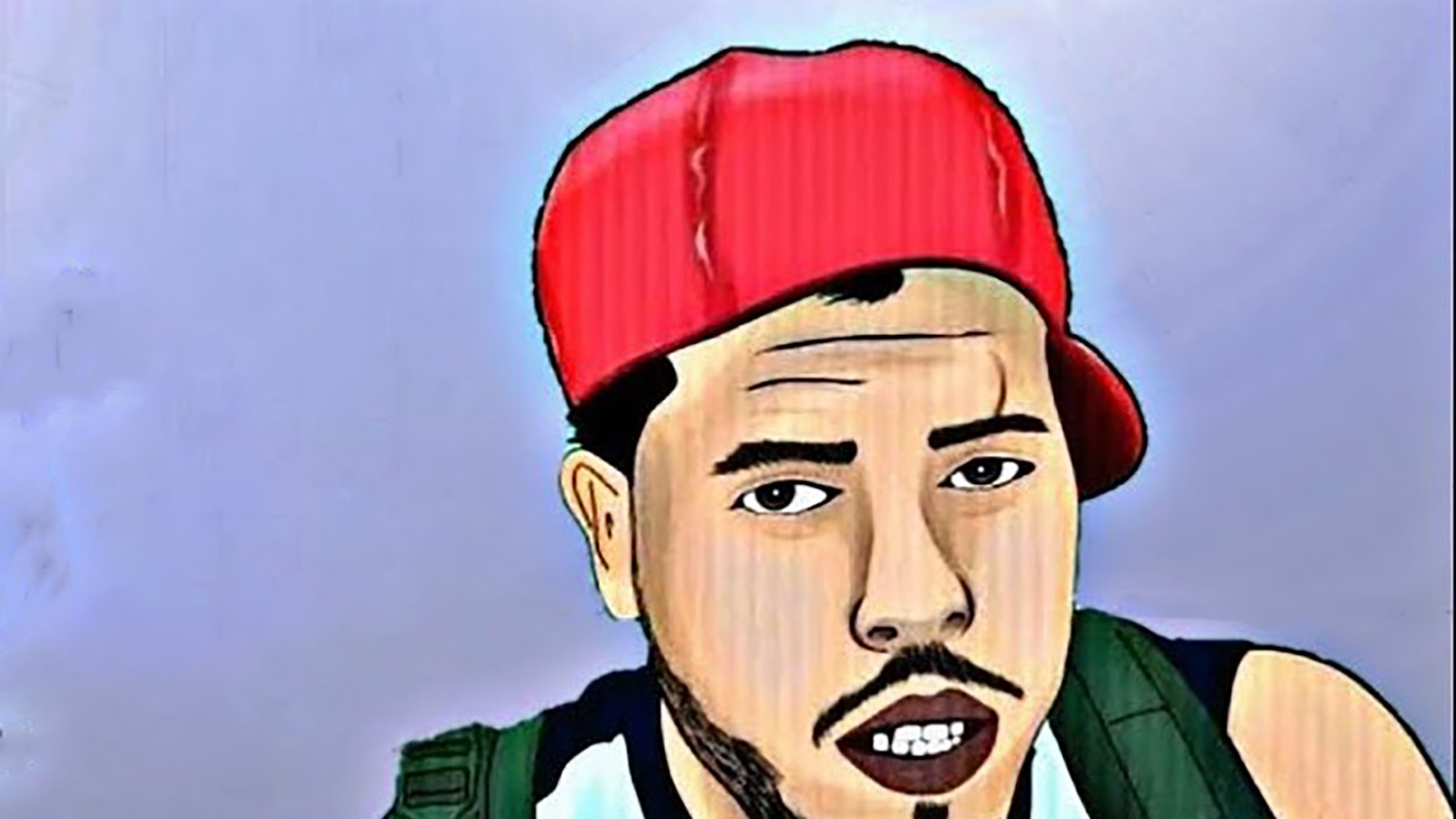 The image appears to be a stylized illustration of a young man wearing a red cap turned to the side. He has facial hair and a serious expression. His attire includes a sleeveless shirt, and he is wearing a backpack. The background is a soft gradient, adding depth to the portrait. The overall style gives it a graphic, artistic feel.
