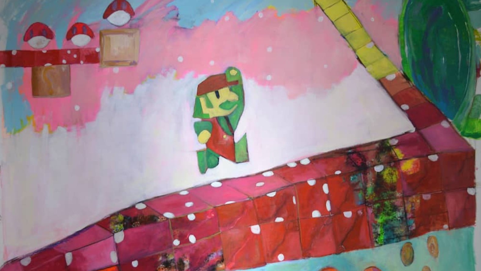 تظهر في الصورة لوحة فنية ملونة وعبر أسلوب تعبيري. الخلفية تتميز بتدرجات لونية زاهية من الأزرق والوردي، مما يعطي انطباعاً بالحيوية. في منتصف الصورة، يوجد شخصية كرتونية تتخذ وضعية مميزة. الطرقات مرسومة بتصميم مربع ومعبّرة بألوان دافئة كالأحمر، محاطة بفطريات ملونة بأشكال وأحجام متنوعة. الصورة تعكس جوًا من المرح والخيال، مما يجعلها جذابة للنظر.