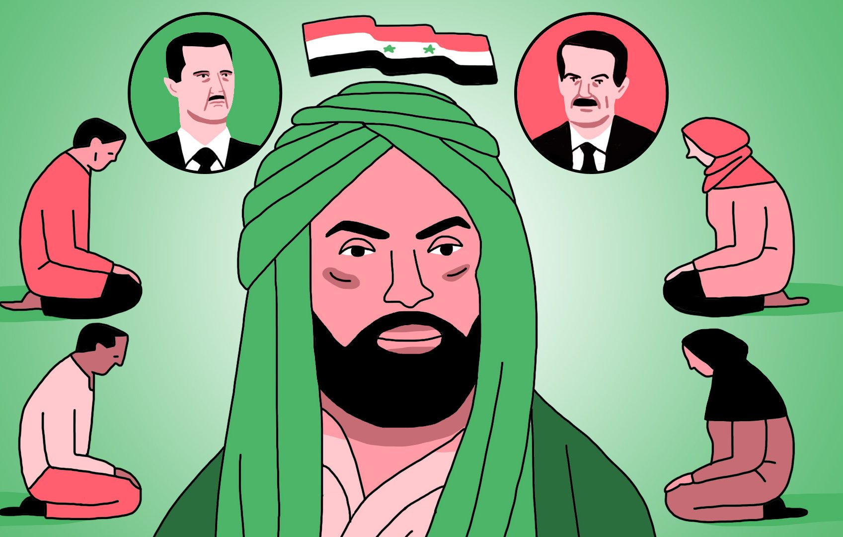 La imagen presenta a un hombre con barba y una túnica, vistiendo un turbante verde. Al fondo, hay tres retratos de una figura masculina en diferentes posiciones, posiblemente representando a un líder o figura política. También hay varias personas en posturas de sumisión o adoración, situadas en la parte inferior de la imagen. El fondo es de color verde, lo que podría simbolizar esperanza o religiosidad. La presencia de la bandera de Siria indica un contexto político o cultural relacionado con ese país.