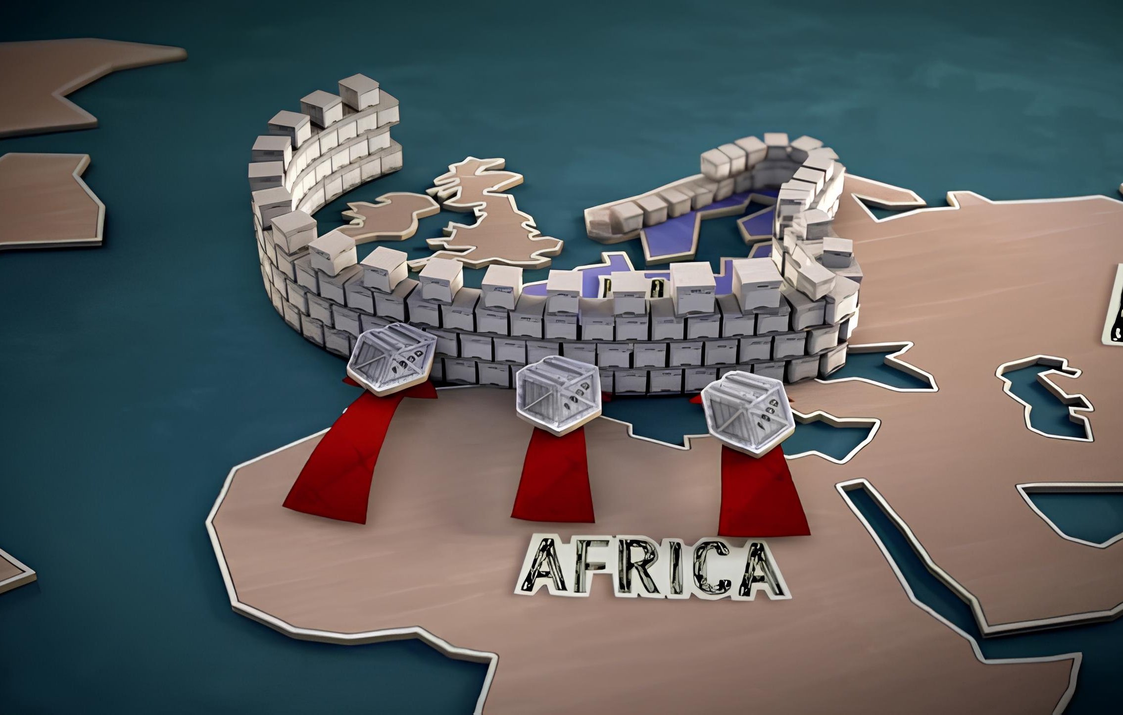 L'immagine rappresenta una mappa stilizzata che mostra una parte dell'Europa e dell'Africa. Al centro, si vede una struttura che somiglia a un murale o a un forte, costruito con blocchi bianchi. Da questa struttura, si estendono tre frecce rosse che puntano verso il continente africano. I nomi "AFRICA" e "ASIA" sono scritti in caratteri evidenti, suggerendo un tema geopolitico o di esplorazione. Il design sembra dare l'idea di una connessione tra le diverse regioni, evidenziando l'importanza delle relazioni tra Europa e Africa.