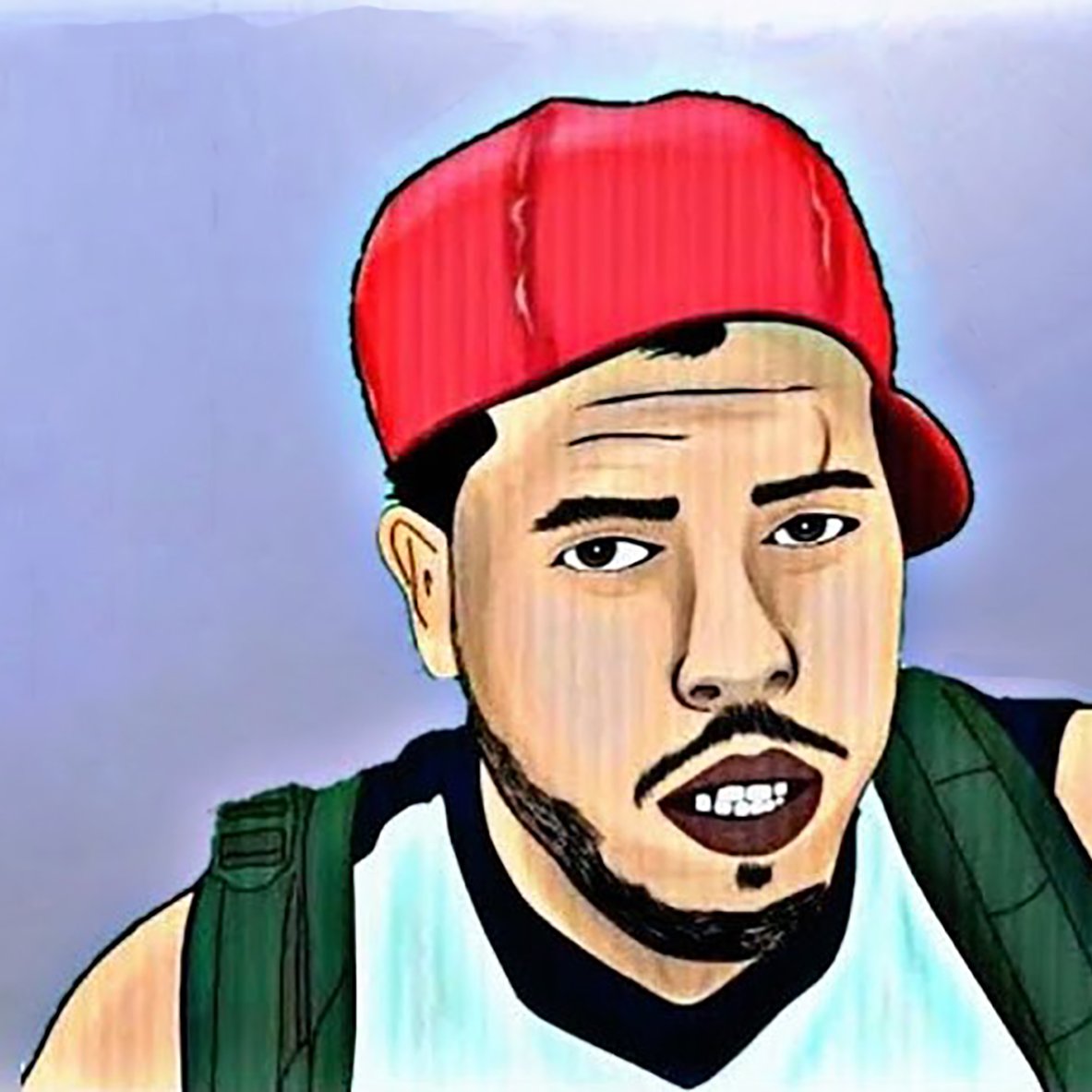 La imagen muestra a un joven con una gorra roja, usando una camiseta sin mangas. Tiene barba y una expresión seria. Lleva una mochila en la espalda y está posando frente a un fondo difuso. El estilo de la imagen parece ser una ilustración o un retrato digital, con colores y contornos marcados.