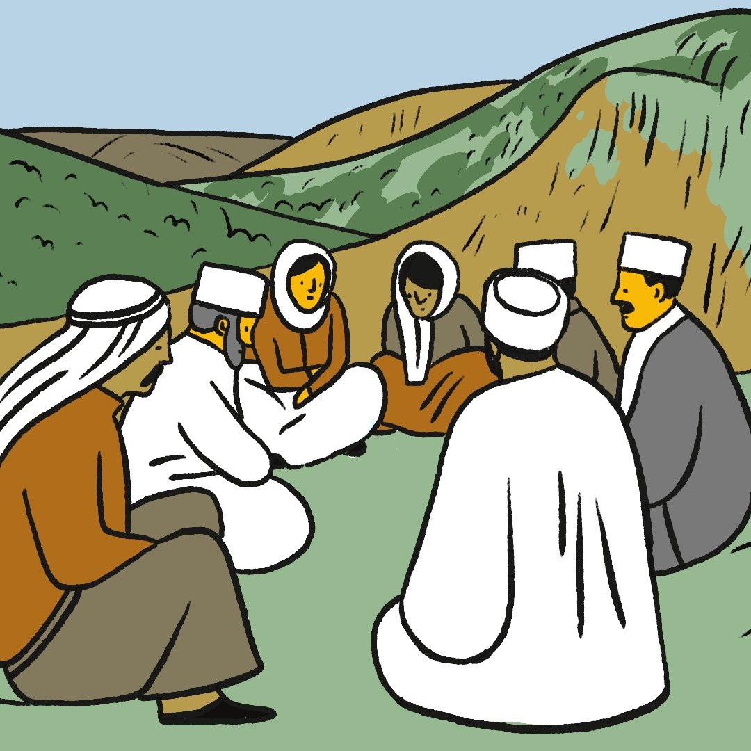 L'image représente un groupe de personnes assises en cercle sur un terrain verdoyant. Elles semblent engagées dans une conversation ou une discussion. Les individus portent des vêtements traditionnels, avec des couvre-chefs distinctifs. En arrière-plan, on voit des collines douces et un ciel clair, créant une atmosphère paisible et conviviale.