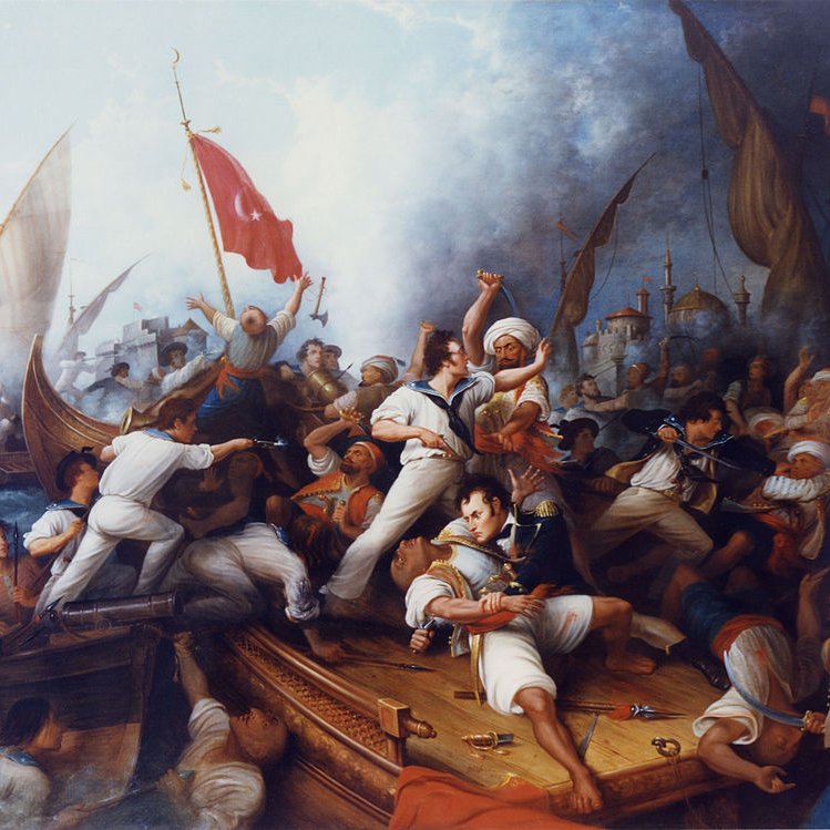 L'image représente une scène de bataille navale dynamique et dramatique. On y voit de nombreux personnages en plein combat sur des bateaux, avec des voiles déployées et des drapeaux brandis. Certains marins sont engagés dans des combats rapprochés, tandis que d'autres semblent prendre les commandes des embarcations. L'arrière-plan montre une ville fortifiée, suggérant un conflit maritime intense. La palette de couleurs est riche, avec des tons de bleu et de rouge, créant une atmosphère émotionnelle et mouvementée.