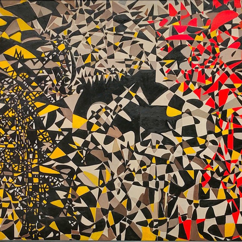 Cette image semble être une œuvre d'art abstrait. On y retrouve des formes géométriques variées, principalement en noir, blanc, jaune et rouge. Le côté gauche présente des motifs plus chaotiques et complexes, tandis que le côté droit est plus vibrant avec des formes rouges et des motifs ondulés. La composition donne une impression dynamique et énergique, jouant sur les contrastes de couleur et de forme.