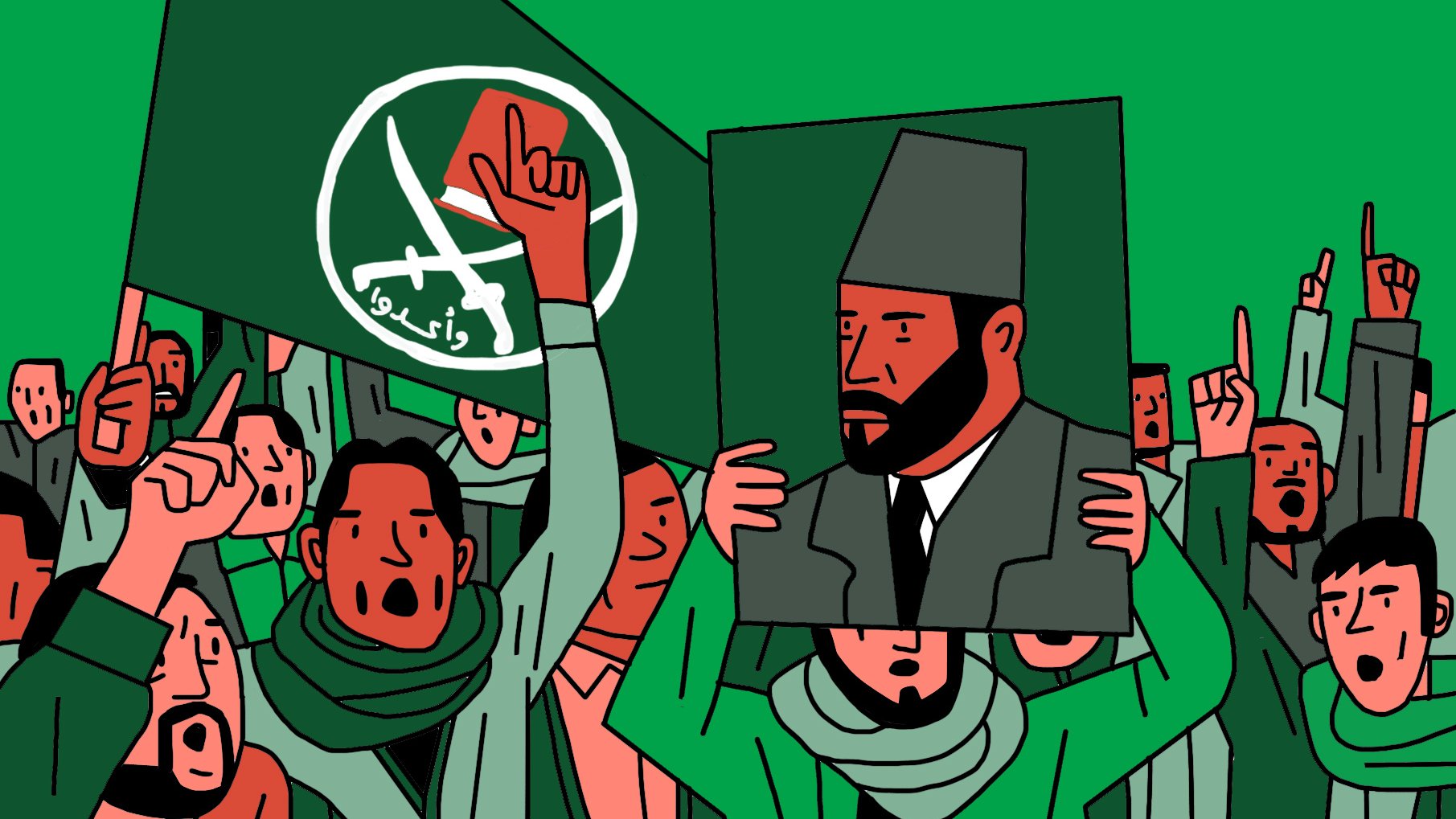La imagen muestra a un grupo de personas reunidas, sosteniendo banderas y carteles. En el centro, hay un hombre que sostiene un retrato de otra persona, posiblemente un líder. La mayoría de las personas parecen estar animadas, levantando los brazos en señal de apoyo. La escena está marcada por colores predominantes en verde, con símbolos que podrían estar relacionados con un movimiento o ideología específica. La atmósfera refleja un sentimiento de protesta o celebración.