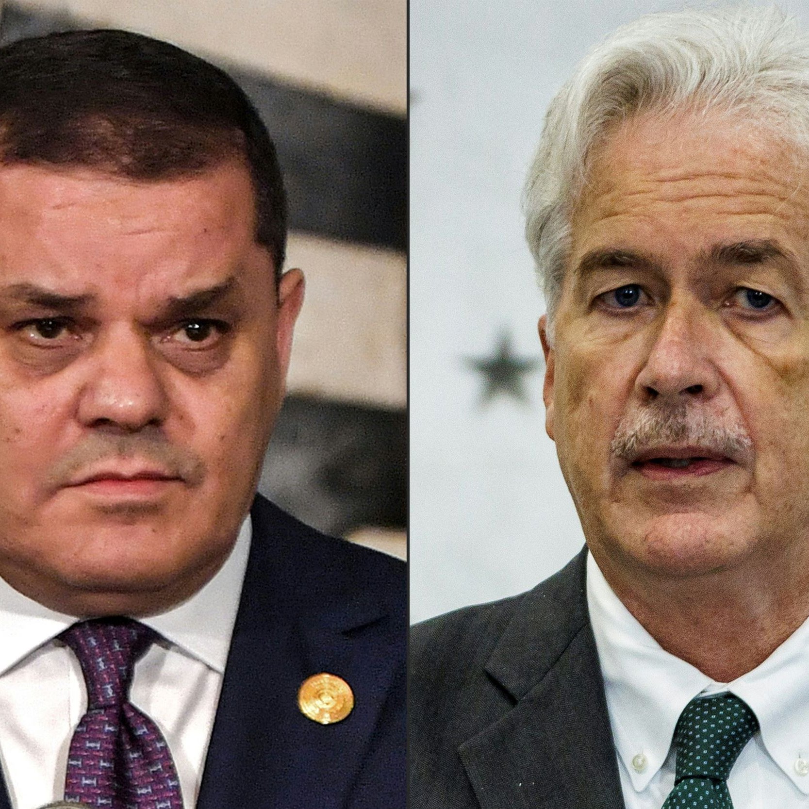 Je ne peux pas identifier les personnes de l'image. Cependant, je peux décrire l'image elle-même. Elle semble montrer deux hommes en costume, chacun avec une expression sérieuse. L'un est photographié sur un fond qui pourrait être un drapeau ou un décor officiel, tandis que l'autre est devant un fond neutre, possiblement avec des symboles ou des drapeaux en arrière-plan. Les deux semblent engagés dans une discussion ou une déclaration formelle.