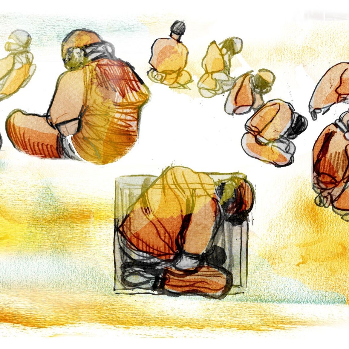 L'image représente une série de croquis illustrant des personnages en position accroupie ou assise, habillés dans des combinaisons orange. Les figures semblent être en mouvement ou en méditation, et l'ensemble est dessiné avec des traits fluides et des couleurs douces, principalement des teintes chaudes. L'utilisation de l'aquarelle crée un arrière-plan riche, évoquant une atmosphère de réflexion ou d'introspection. Les postures des personnages suggèrent une certaine tranquillité ou concentration.