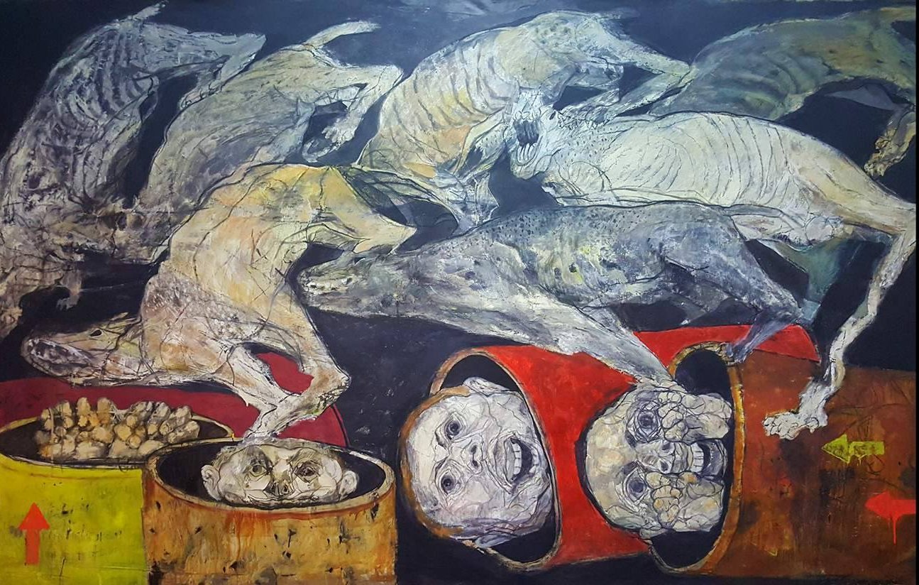 The image depicts a chaotic and unsettling scene featuring skeletal figures of animals, likely dogs, in dynamic motion, as if they are running or leaping. They are interspersed with containers that appear to hold dismembered heads and bones, creating a stark contrast between the lively movement of the animals and the grim contents of the barrels. The overall color palette includes dark tones, with hints of muted colors highlighting the figures and the disturbing elements, contributing to a sense of unease and intensity in the artwork.