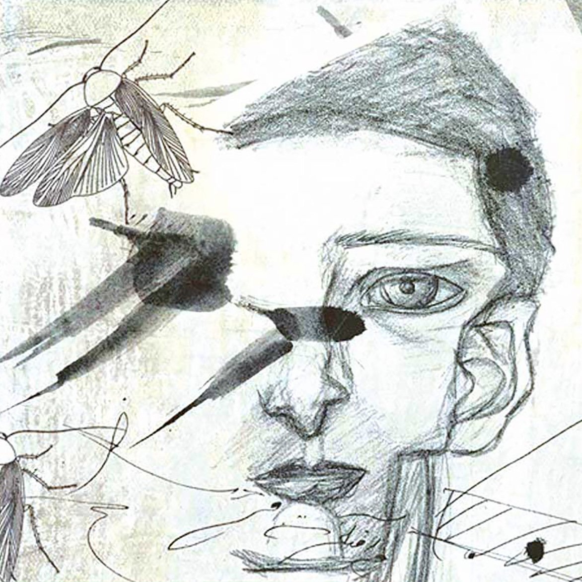 تظهر الصورة رسماً تجريدياً لخد ووجه إنسان بشكل فني، حيث يُبرز الرسام ملامح الوجه بطريقة غير تقليدية. يحيط بالوجه عناصر إضافية مثل ذبابات ورسومات بالألوان الرمادية والسوداء، مما يضفي شعورًا بالغموض والتعقيد. يمكنك أن تشعر بحالة من التوتر أو العزلة في تعبير الوجه، بينما تضيف الحشرات بعدًا آخر للصورة، مما يمكن أن يرمز إلى أفكار متعددة تتعلق بالطبيعة أو الحياة.