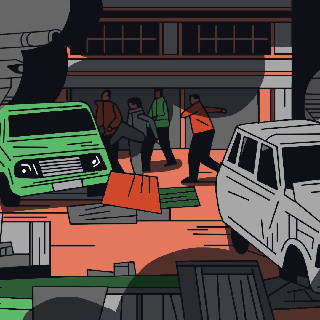 La imagen muestra una escena caótica con varios vehículos, como una furgoneta verde y un coche blanco, en un entorno desordenado. Hay personas en el centro que parecen estar en movimiento, rodeadas de escombros y estructuras destruidas. Se perciben tanques en el fondo, sugiriendo un ambiente de conflicto o guerra, y la paleta de colores combina tonos grisáceos con detalles en verde y naranja, lo que añade una sensación de lucha y tensión.