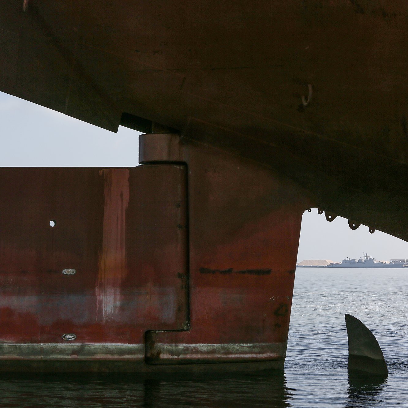 The image shows a large ship's hull partially submerged in water. The focus is on the underside of the ship, highlighting the robust, metallic structure with a reddish-brown color. There is a large flat section that appears to be a rudder or part of the propulsion system. In the background, you can see another ship and a distant shoreline, suggesting a port or harbor setting. The water is calm, reflecting the shapes above, and the atmosphere looks hazy or foggy. A small bird is perched on the edge of the structure, adding a touch of life to the scene.