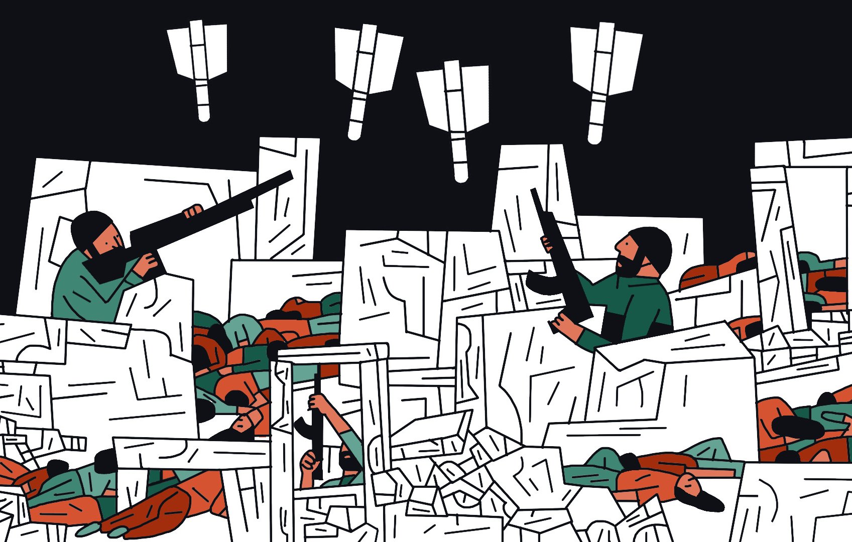 L'immagine rappresenta una scena di conflitto, con diversi soldati in armati e attivi in un ambiente caotico. Ci sono rovine e detriti intorno a loro, e alcune figure sembrano in difficoltà. I soldati sono intenti a combattere, mentre sopra di loro si possono vedere sagome di missili o proiettili in volo. La palette di colori è principalmente composta da toni scuri con accenti di verde e marrone. L'atmosfera è intensa e drammatica, suggerendo una situazione di guerra.