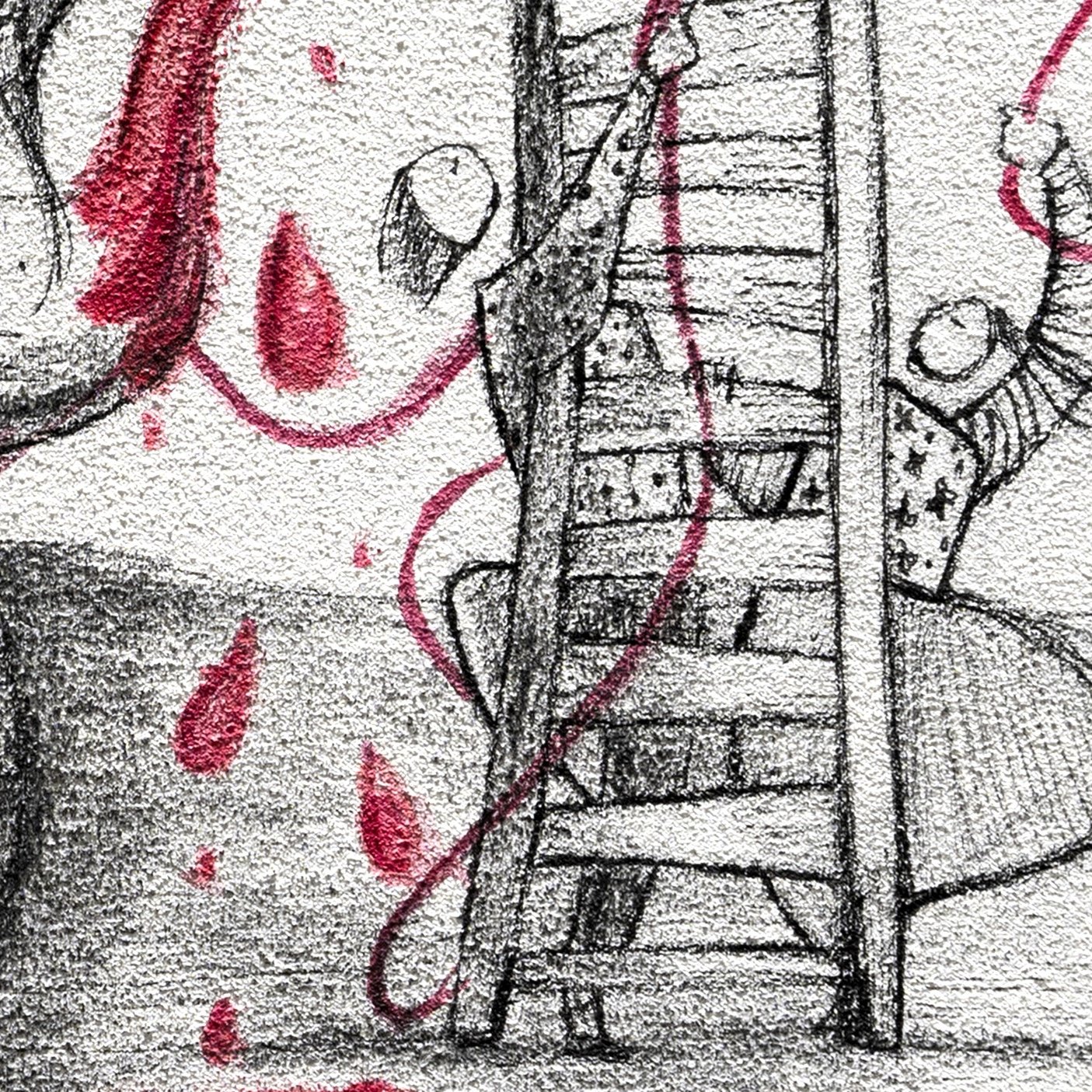 L'immagine presenta un disegno in bianco e nero con accenti di rosso. Al centro c'è una scala, e una figura umana sembra arrampicarsi, scrivendo o dipingendo con un oggetto rosso che macchia il fondo. Le macchie di rosso ricordano delle gocce di sangue, aggiungendo un elemento di intensità e drammaticità alla scena. La figura indossa un abbigliamento semplice e appare concentrata nel suo compito. Lo sfondo è minimalista, mettendo in risalto l'azione e l'emozione del momento.