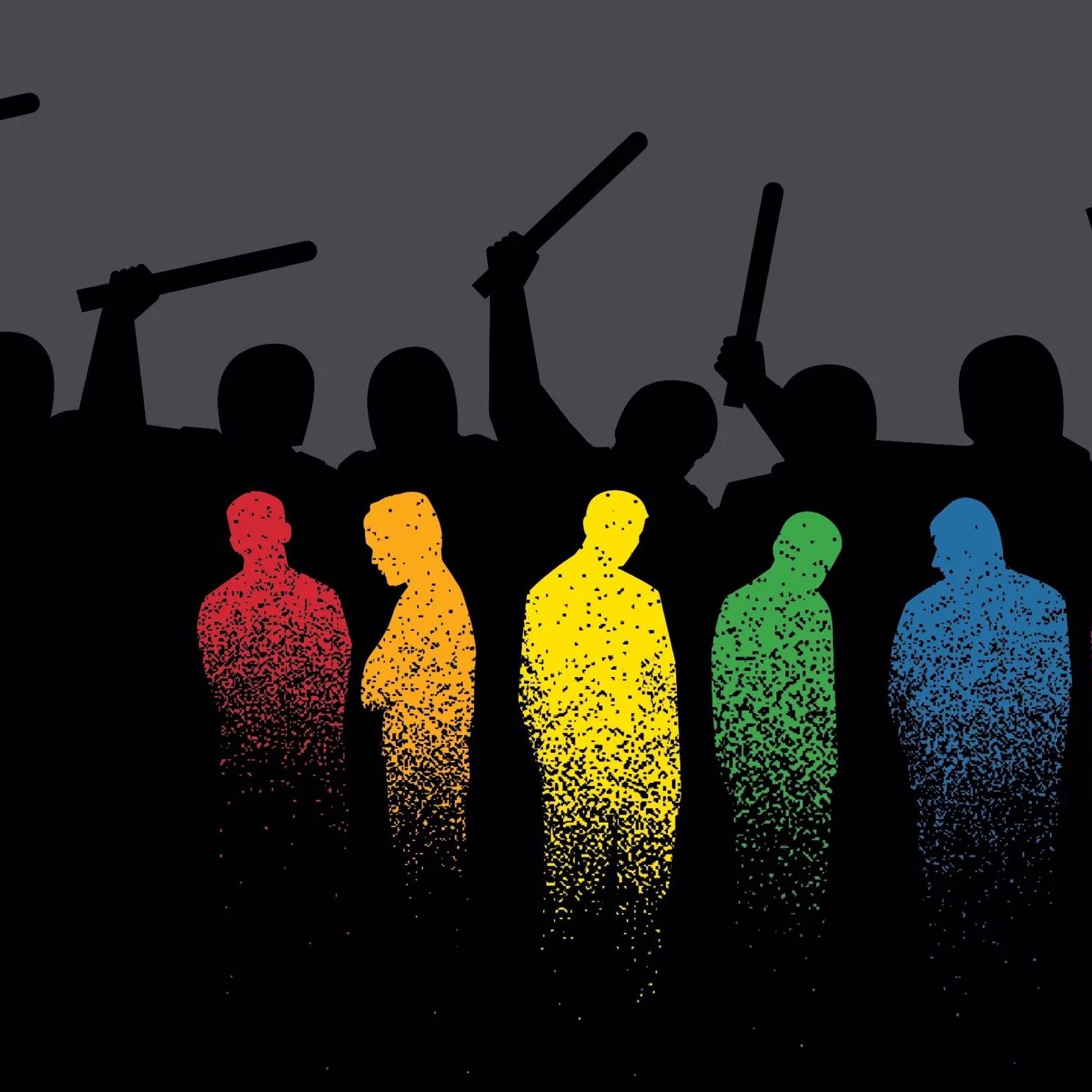 تظهر في الصورة silhouettes (ظلال) لأشخاص، حيث يوجد مجموعة من الأشخاص في الخلفية يحملون العصي مرفوعة، بينما في المقدمة توجد مجموعة من الظلال الملونة بالألوان الزاهية (الأصفر، البرتقالي، الأخضر، الأزرق، والوردي) بشكل متدرج. الخلفية تبدو داكنة، مما يعزز من إبراز الألوان في المقدمة. الصورة تعكس نوعًا من التوتر أو الصراع بين الأفراد.