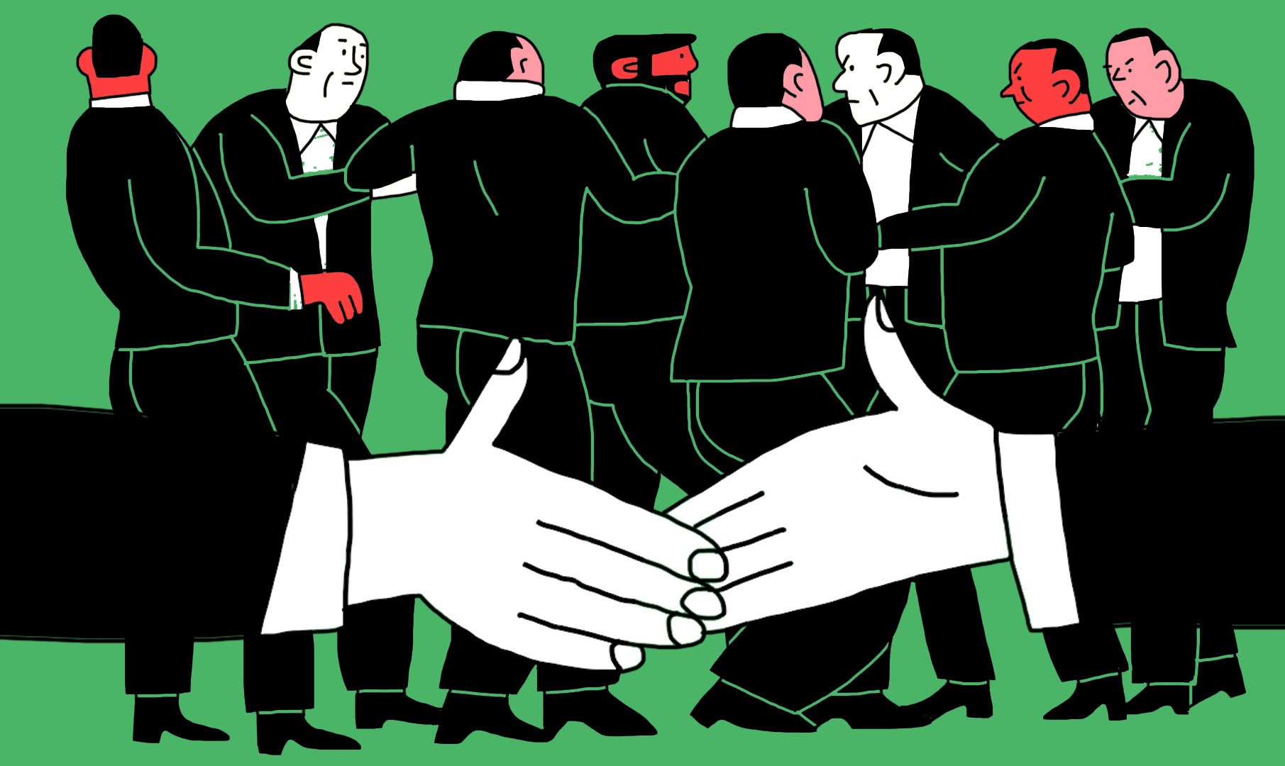 La imagen muestra a un grupo de hombres vestidos con trajes formando un círculo o grupo en un fondo verde. Al frente, hay un par de manos blancas extendidas en un gesto de apretón de manos. Los hombres parecen estar en una conversación o interacción entre ellos, mientras que las manos del primer plano indican un acuerdo o un saludo. El estilo de la ilustración es gráfico y simplificado, con líneas claras y un uso de colores contrastantes.
