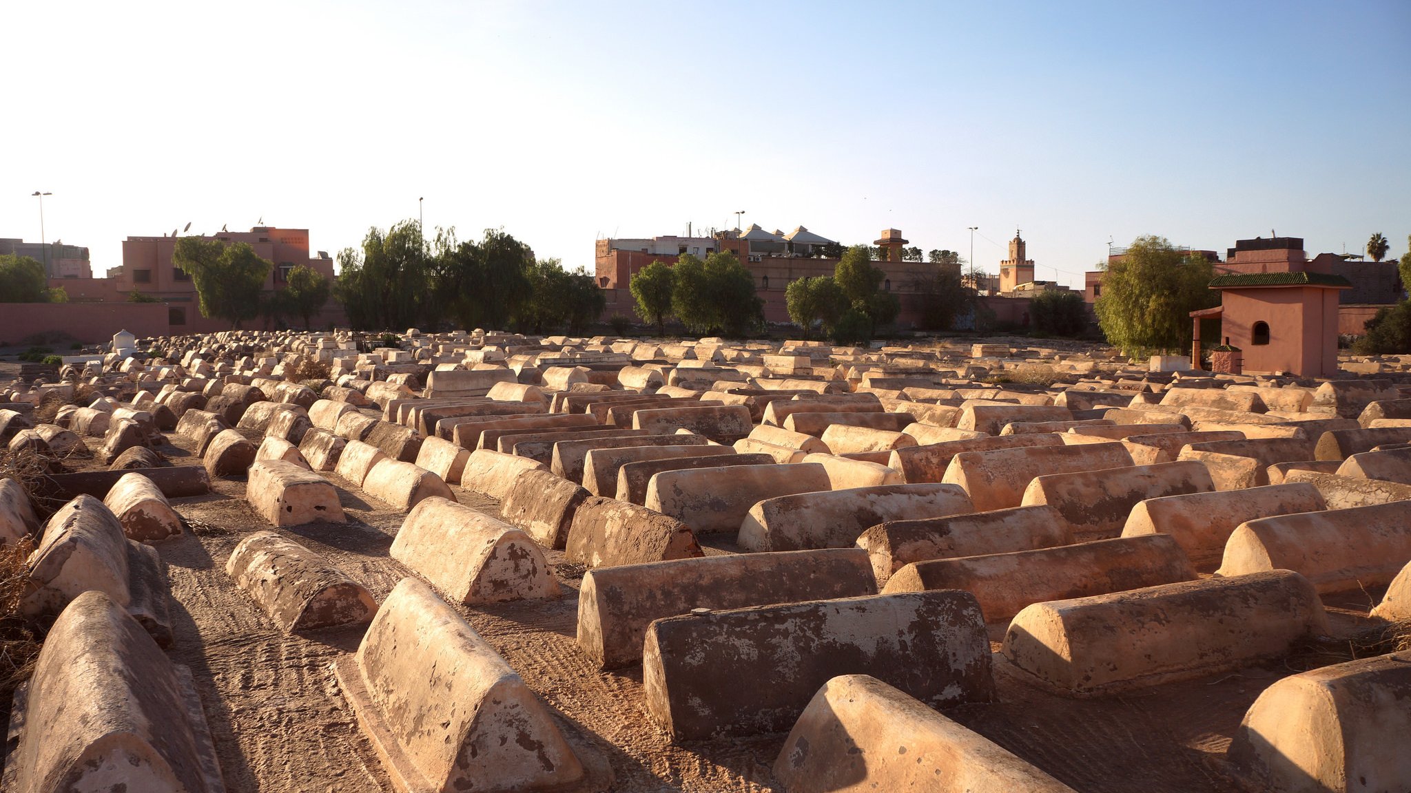 تظهر الصورة منظرًا لمقبرة كبيرة، حيث تتوزع القبور بشكل منظم على الأرض. تبدو القبور مصنوعة من الحجر أو الطين، وبعضها يظهر عليه آثار الزمن. في الخلفية، هناك مباني ومدن صغيرة تظهر تحت ضوء الشمس، مما يعطي إحساسًا بالهدوء والسكينة. السماء تبدو صافية، مما يضيف إلى جمالية المشهد.