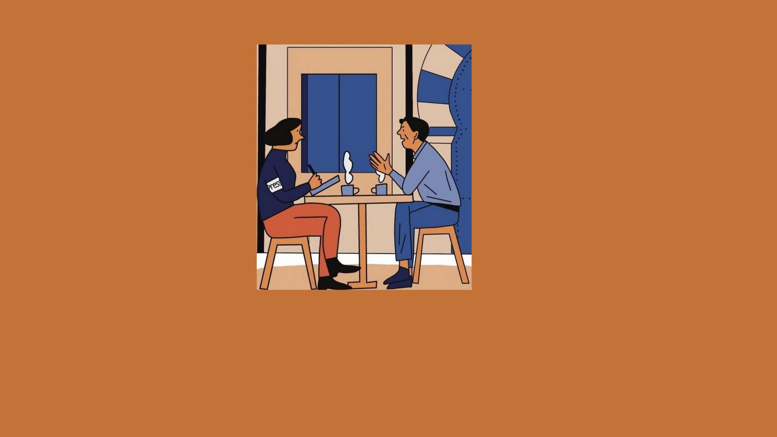 L'image représente deux personnes assises à une table dans un café. À gauche, une personne avec des cheveux longs et bruns porte un haut noir, tandis qu'à droite, une personne en costume bleu. Ils semblent engager une conversation animée, avec des verres devant eux sur la table. Le fond est d'une couleur orange unie, et la scène est stylisée et minimaliste, donnant une ambiance moderne et conviviale.