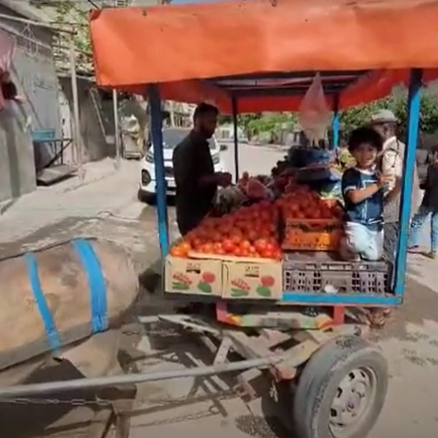 در این تصویر، یک دسته از میوه‌ها، به ویژه گوجه‌فرنگی، در یک وانت کوچک یا نیسان قرار دارد که در کنار خیابان پارک شده است. یک مرد در حال فروش میوه‌ها و یک کودک در کنار او به نظر می‌رسد. در گوشه تصویر، یک مرد دیگر در حال نشستن بر روی زمین است. خیابان و ساختمان‌های اطراف نیز در پس‌زمینه قابل مشاهده هستند. 