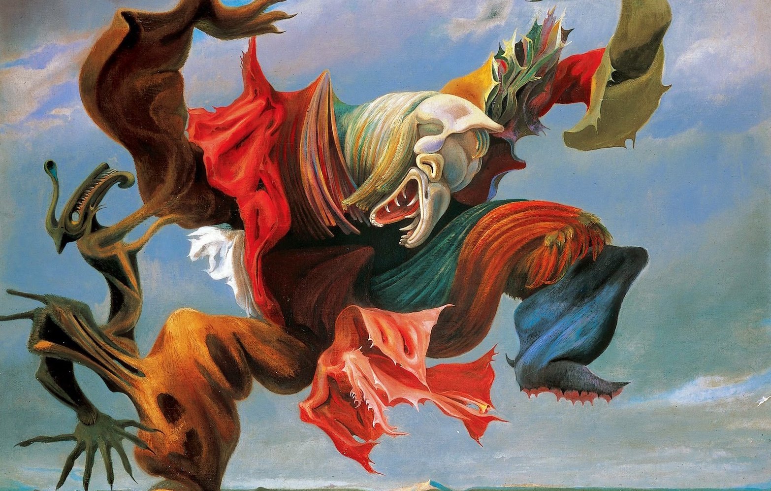 L'image représente une œuvre surréaliste, où des formes humaines et animalières sont fusionnées dans un mouvement dynamique. La figure centrale, avec des couleurs vives et des drapés fluides, semble incarner une émotion intense, peut-être de la colère ou de la passion. Les éléments grotesques et déformés ajoutent une dimension d'étrangeté à la scène, et le fond clair contraste avec la complexité des figures, créant un effet visuel captivant et déroutant.