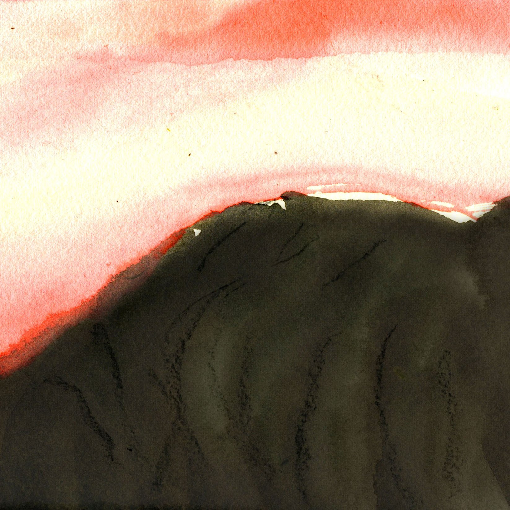 The image features a watercolor painting depicting a mountainous landscape. The foreground consists of dark, shadowy mountains, while the background showcases a vibrant, softly blended sky transitioning from peachy pink to white. The overall mood is serene and atmospheric, with flowing colors that create a sense of depth and tranquility.
