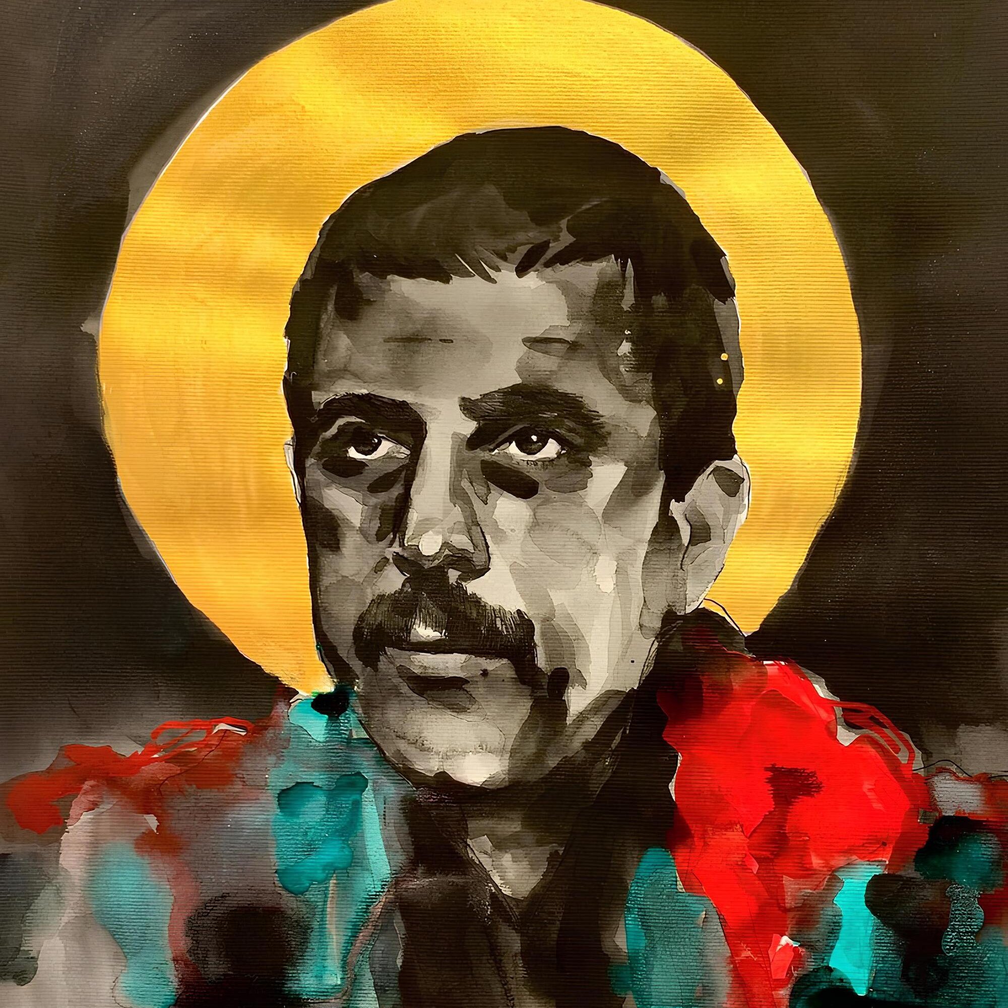 L'immagine rappresenta un ritratto stilizzato di un uomo con un'espressione seria. Ha un aspetto intenso e viene enfatizzato da un alone dorato che lo circonda. I colori utilizzati nel fondo e nei dettagli del suo abbigliamento includono tonalità di rosso e verde, che creano un contrasto notevole con il suo viso e l'alone. L'illustrazione ha un aspetto artistico e contemporaneo, con una tecnica di pittura che combina acquerelli e inchiostro.