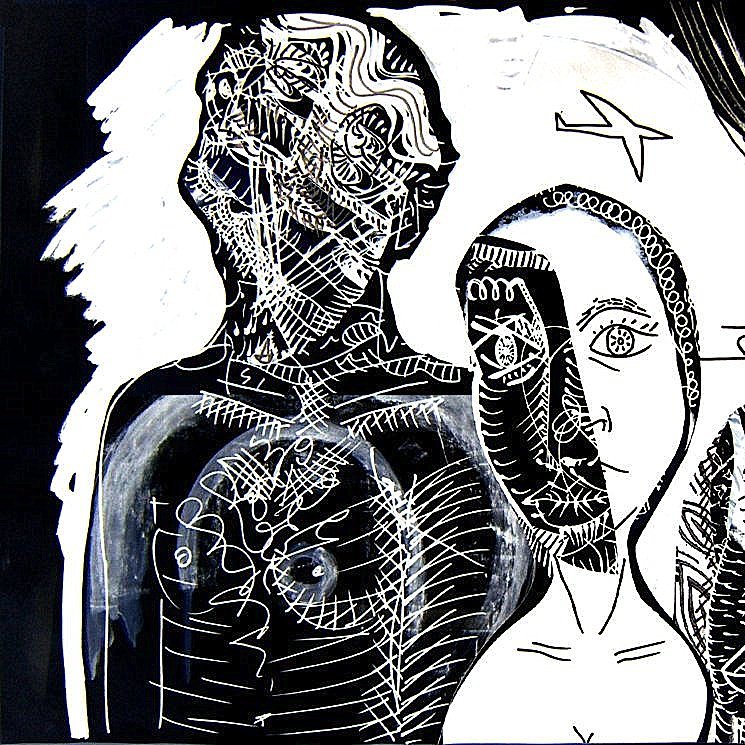 این تصویر احتمالاً یک اثر هنری انتزاعی است که از خطوط و الگوهای پیچیده تشکیل شده است. سه چهره در تصویر به وضوح دیده می‌شود که به صورت انتزاعی طراحی شده‌اند. این چهره‌ها ویژگی‌هایی نامتعارف دارند و به نظر می‌رسد حالت‌های مختلفی را نشان می‌دهند. کنتراست میان رنگ‌های تیره و روشن نیز توجه را جلب می‌کند. زمینه‌ای سیاه با جزئیات سفید و خطوط منقطع در سراسر تصویر وجود دارد. در بالای تصویر، یک شیء شبیه به هواپیما دیده می‌شود که به شکل ساده‌ای طراحی شده است. این اثر ممکن است به تم‌های روانشناختی یا اجتماعی اشاره داشته باشد.