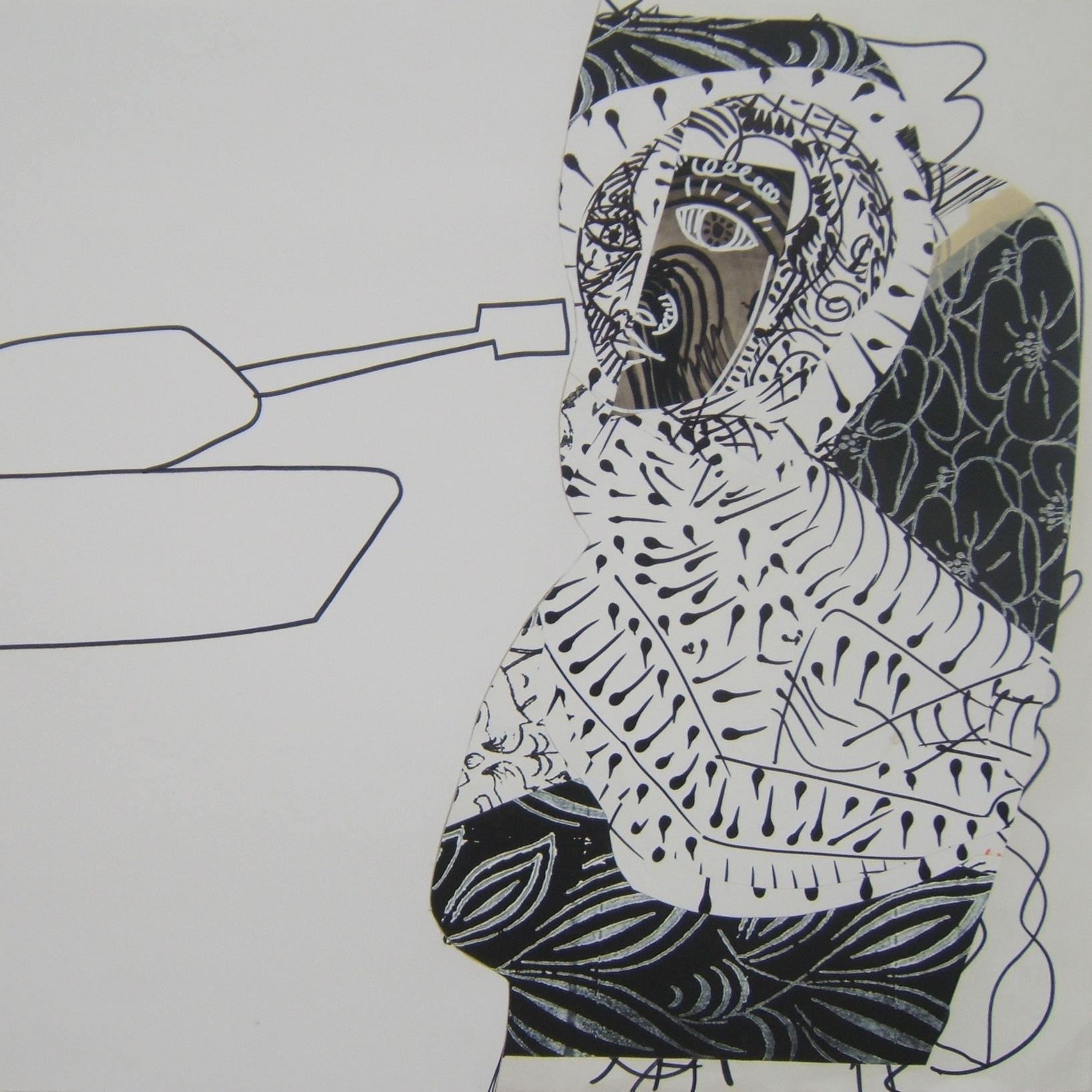 این تصویر شامل یک طراحی هنری است که ترکیبی از عناصر خطی و الگوهای مختلف را نشان می‌دهد. در سمت چپ، یک شکل انسانی با جزئیات و خطوط سیاه و سفید قرار دارد که به نظر می‌رسد با الگوهای مختلف و پیچیده طراحی شده است. در سمت راست، یک شیء شبیه به قایق به صورت خطی ترسیم شده که به سمت شکل انسانی اشاره دارد. کل تصویر دارای حس هنری و انتزاعی است و بیننده را به تفکر درباره معنا و ارتباط عناصر موجود دعوت می‌کند.