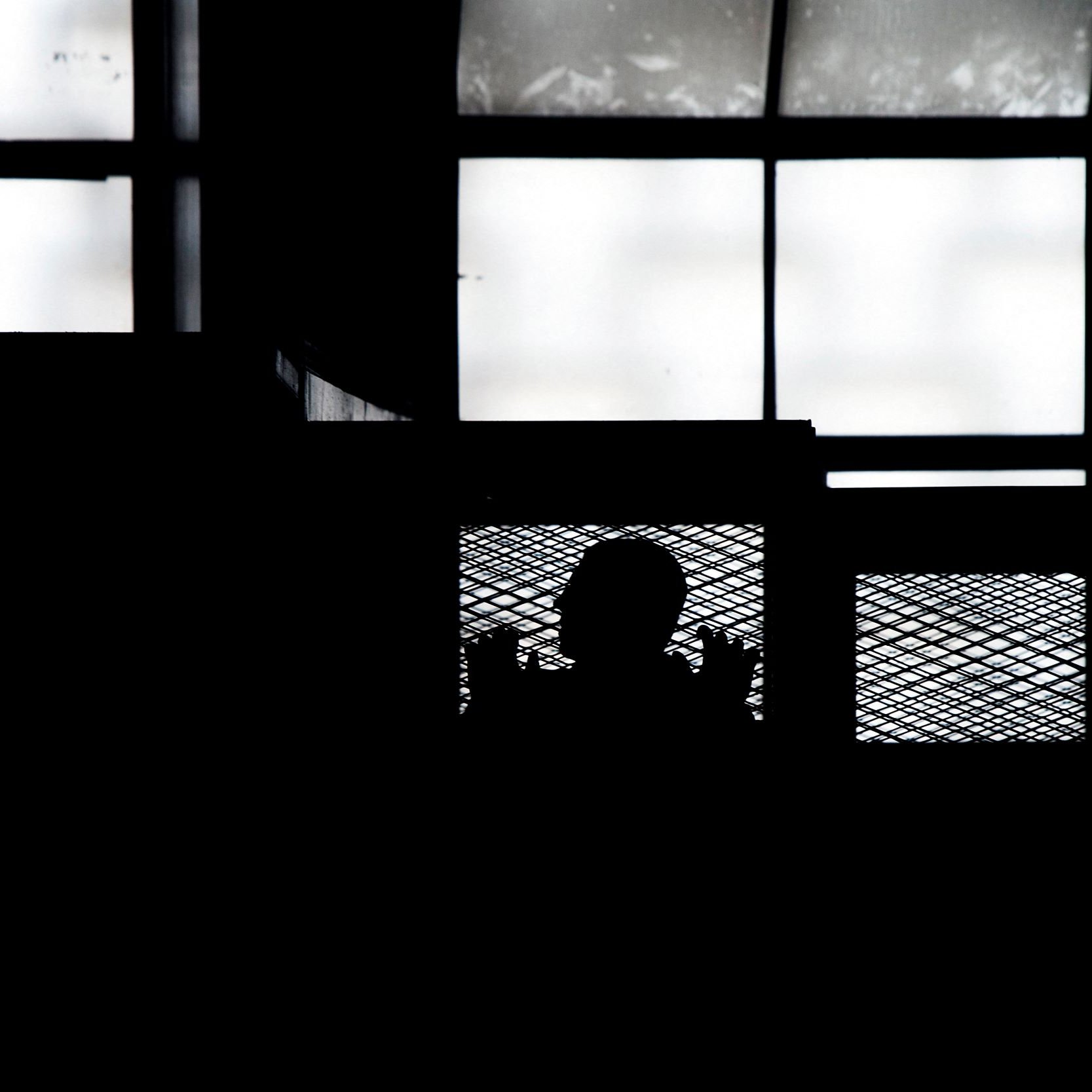 L'immagine presenta una scena in silouette, in cui si intravede la figura di una persona dietro una rete metallica, all'interno di un ambiente che sembra essere un edificio. Le finestre nel fondo lasciano filtrare una luce diffusa, creando un contrasto marcato tra le ombre e la luminosità dello sfondo. L'atmosfera generale risulta suggestiva e misteriosa, enfatizzando la separazione tra la figura e l'ambiente circostante.