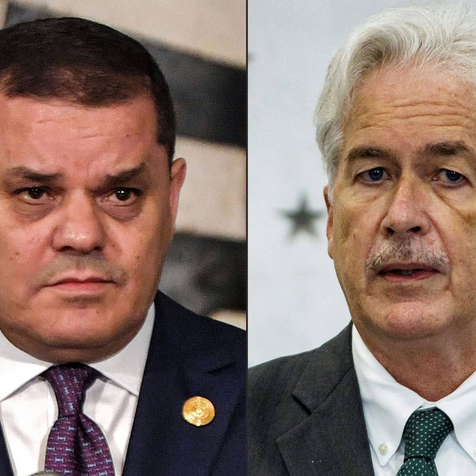 الصورة تُظهر شخصين مختلفين، حيث يظهر كل منهما على جانب. الشخص على اليسار يرتدي بدلة داكنة مع ربطة عنق، ويظهر عليه تعبير جاد. الشخص على اليمين يرتدي بدلة رمادية ولديه لحية خفيفة، ويبدو أنه يتحدث أو يعبر برأيه. الخلفية تتضمن تفاصيل بسيطة وغير واضحة.