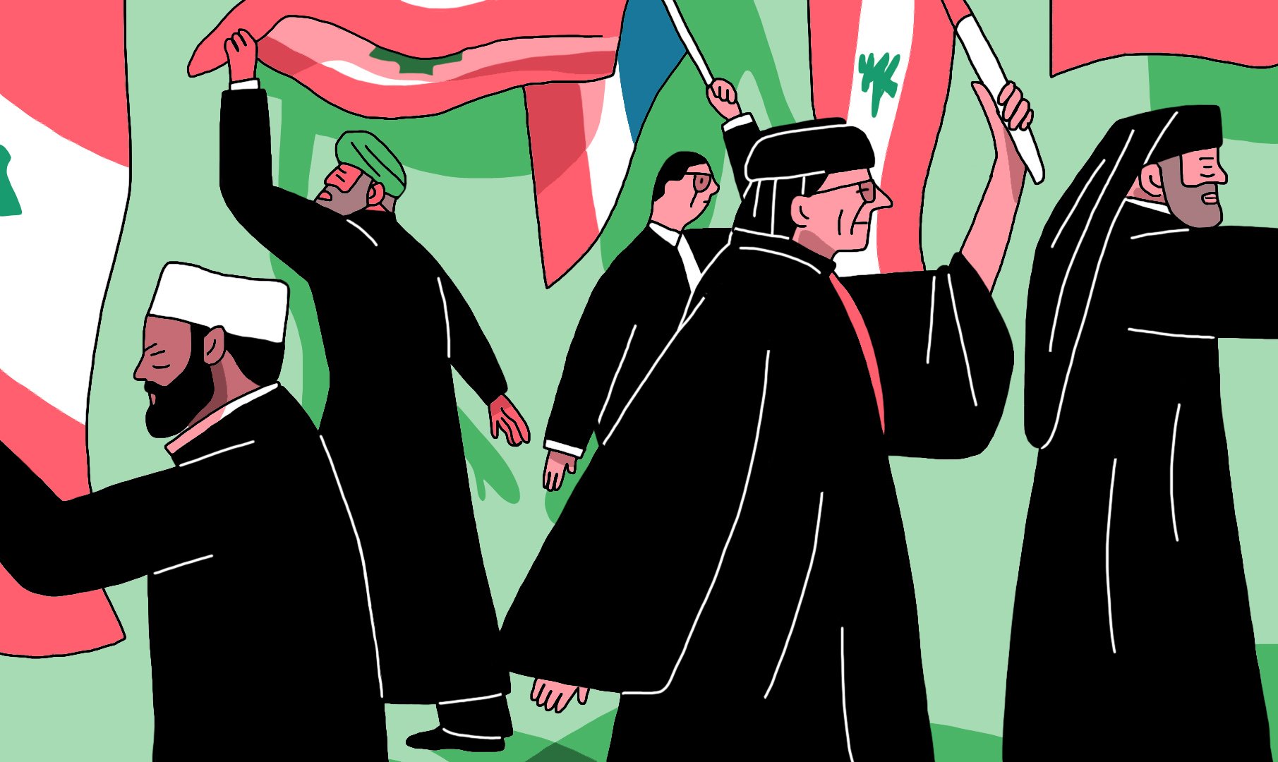 L'image représente une scène de manifestation ou de rassemblement avec plusieurs personnes portant des vêtements traditionnels. Elles brandissent des drapeaux de différents pays, comme le Liban et d'autres nations. L'arrière-plan est verdoyant, ce qui met en avant les personnages et leurs actions. Les expressions sur leurs visages semblent déterminées, soulignant un sentiment d'unité ou de revendication.