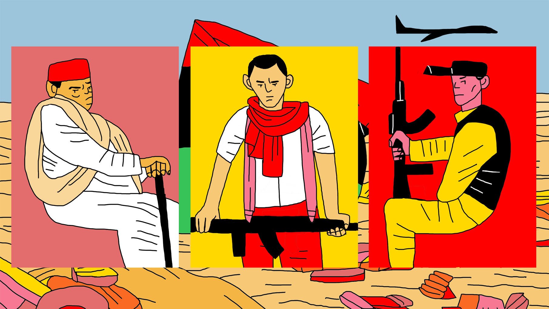 L'image présente trois personnages stylisés sur un fond désertique. À gauche, un homme âgé, vêtu de manière traditionnelle avec un chapeau rouge, est assis avec une canne. Au centre, un homme jeune porte un t-shirt blanc et une écharpe rouge, tenant une grande arme. À droite, un homme habillé en noir et jaune, au posture confiante, tient également une arme. Le fond de l'image est coloré avec des éléments graphiques, ajoutant une dimension dynamique à la scène.