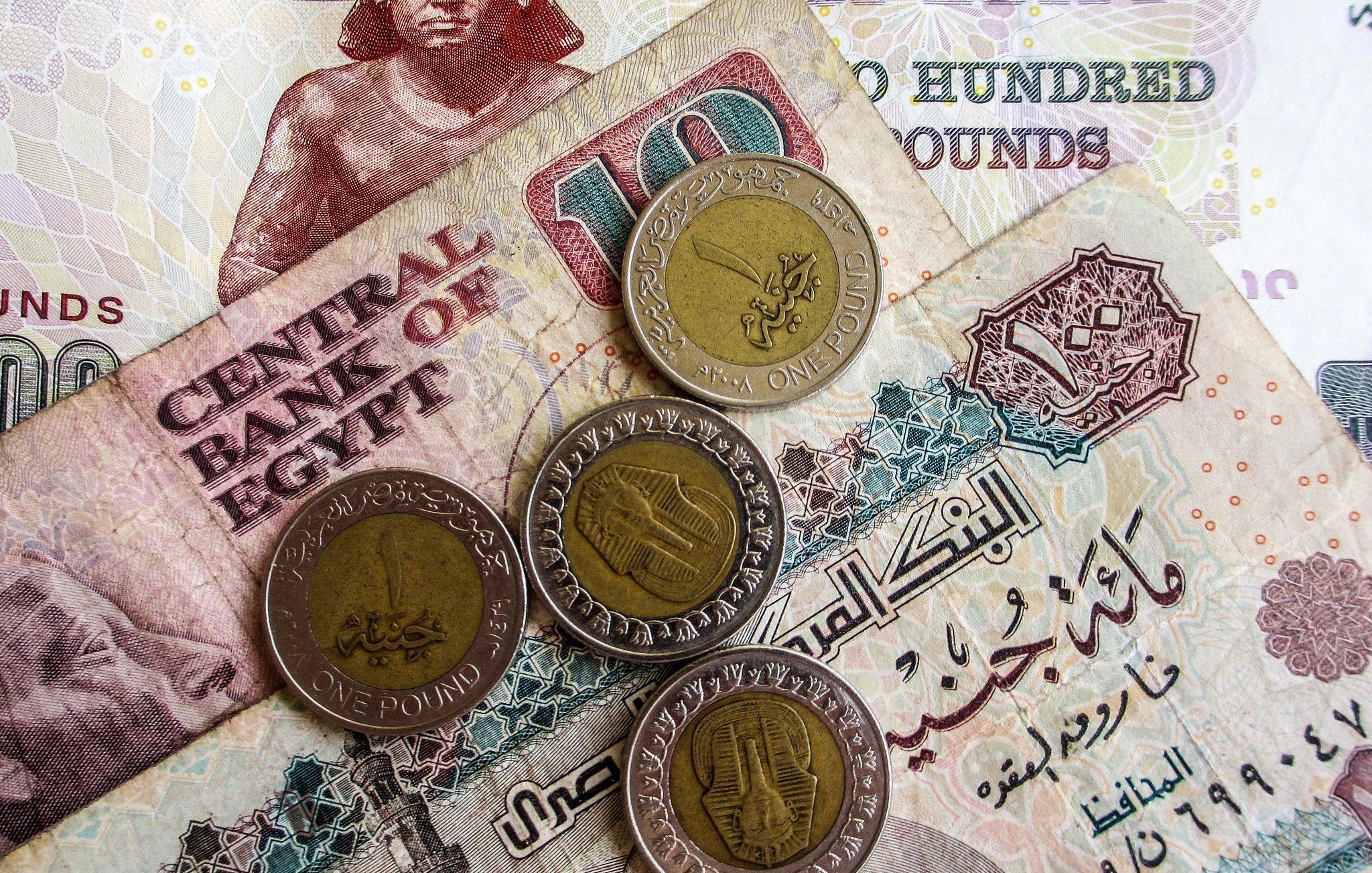 L'image montre des billets et des pièces de monnaie égyptiens. On peut voir un billet de 100 livres égyptiennes, ainsi qu'un billet de 10 livres. En dessous, il y a des pièces de monnaie d'un pound. Les billets sont ornés de motifs et de textes en arabe, indiquant qu'ils proviennent de la Banque Centrale d'Égypte. L'ensemble présente une variété de couleurs et de designs typiques de la monnaie égyptienne.