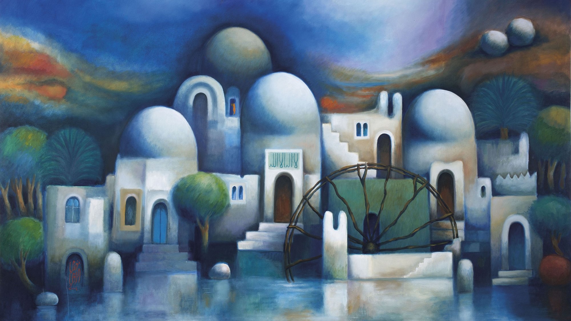 الصورة تُظهر مناظر طبيعية فنية جميلة، حيث تتكون من مباني ذات قباب مستديرة، تم peinte بألوان هادئة مثل الأزرق والأبيض. تتناثر الأشجار بشكل متناغم حول المباني، وتعكس الأشكال العصرية طابعًا غريبًا. يضيف العجلات الدائرية الموجودة في المقدمة بعدًا فنيًا فريدًا، وتظهر المياه بلون هادئ يساهم في تعزيز جمال المشهد. الأجواء العامة للصورة تشع بالهدوء والسكون.