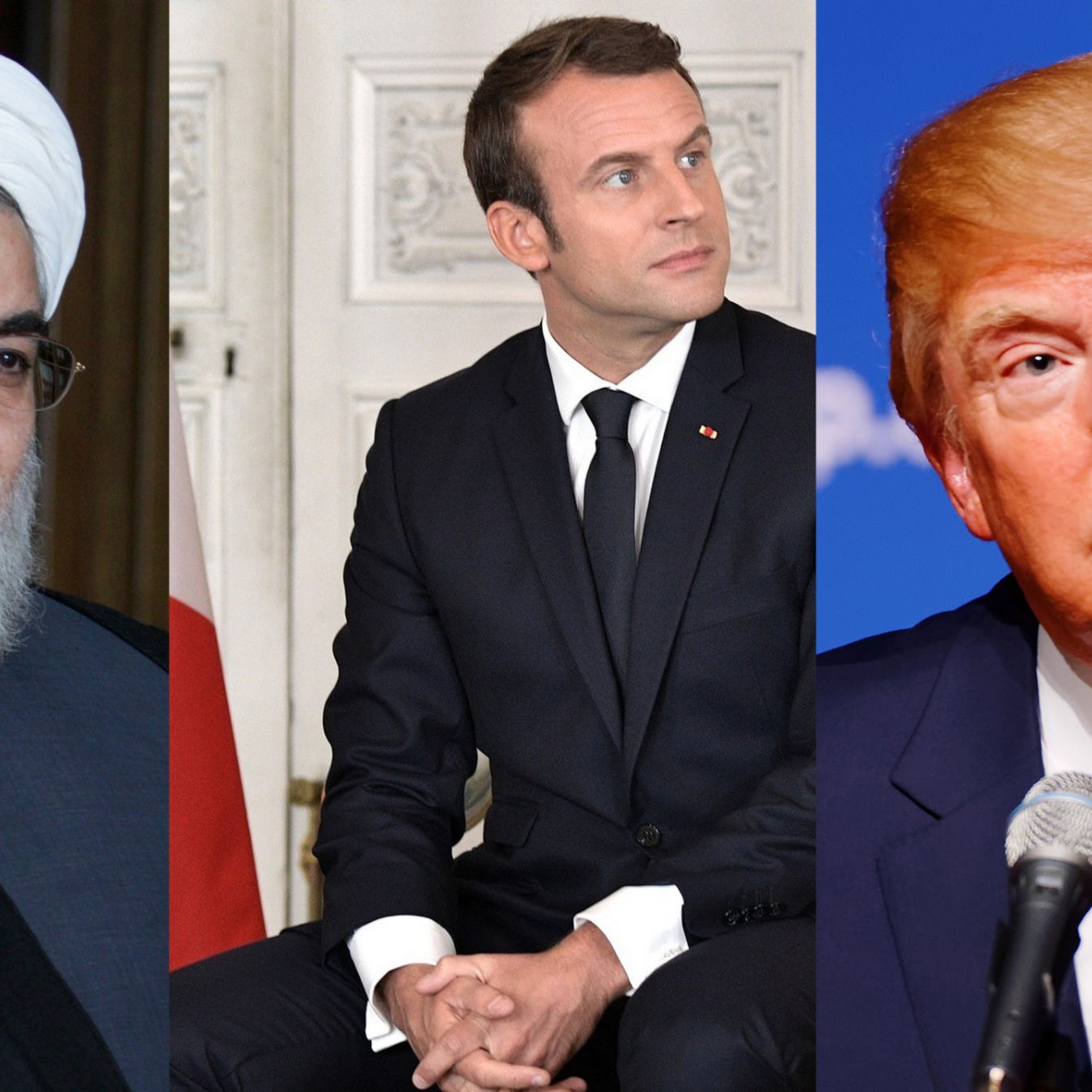 L'image montre trois individus sur trois sections distinctes. À gauche, on voit une personne portant un turban blanc et une robe traditionnelle, semblant engager une conversation. Au centre, un homme en costume sombre est assis, affichant une expression attentive. À droite, un homme en costume clair regarde devant lui, avec une expression réfléchie. L'image semble évoquer des personnalités politiques ou des leaders.