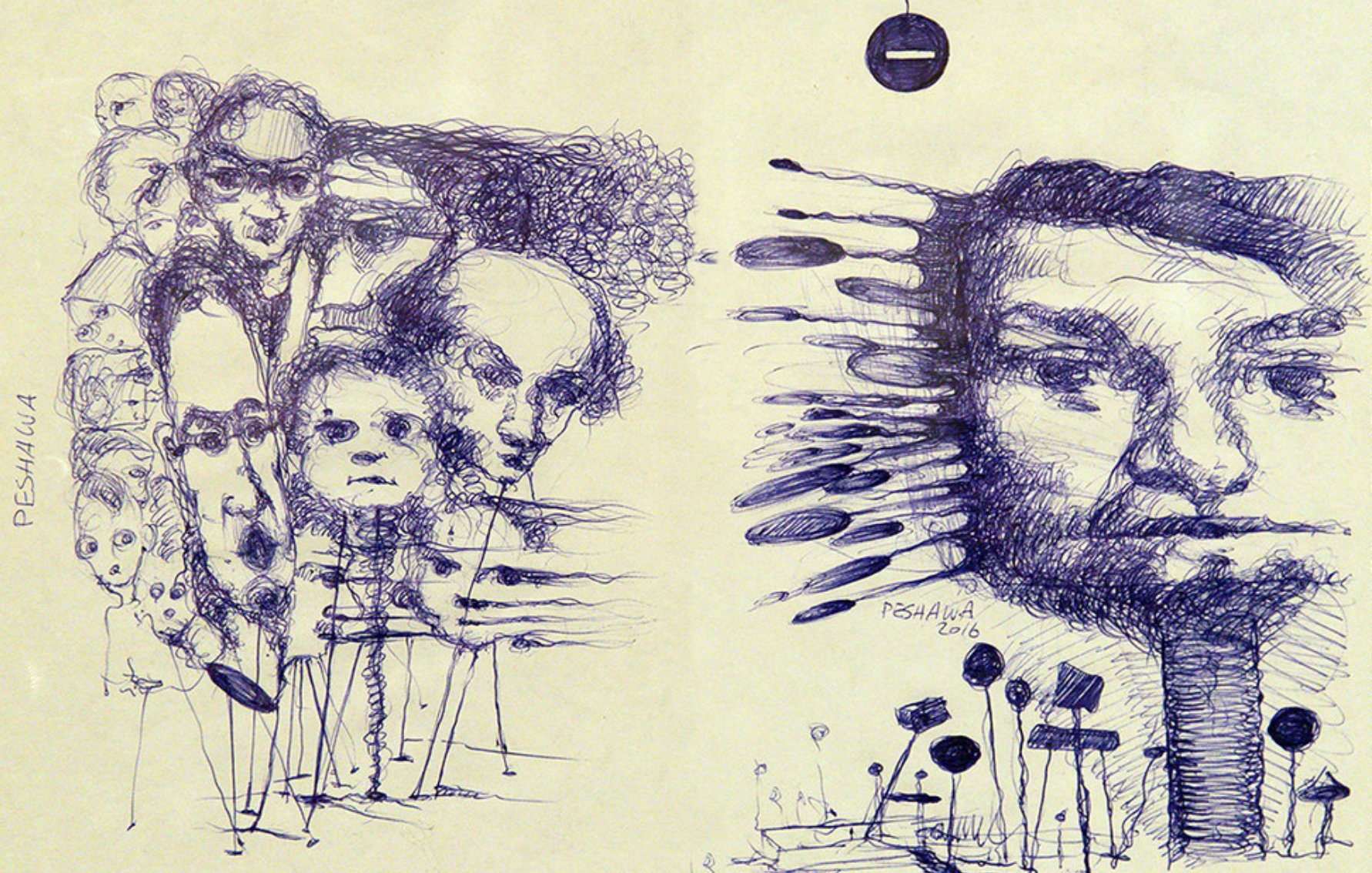 The image features a distinctive artwork created with blue ink on a light background. On the left side, there are various abstract and exaggerated facial sketches, some of which depict human features in a fragmented or surreal manner. These faces are blended together, creating a sense of chaos. On the right side, there is a more defined face that appears to be drawn with thicker lines, emphasizing the contours and expressions. Surrounding this face are elongated shapes that resemble abstract figures or objects, contributing to the overall artistic tension in the piece. The combination of detailed faces alongside more abstract forms suggests a contrast between clarity and abstraction. The artwork is signed "Peshawa" with a date of 2016.
